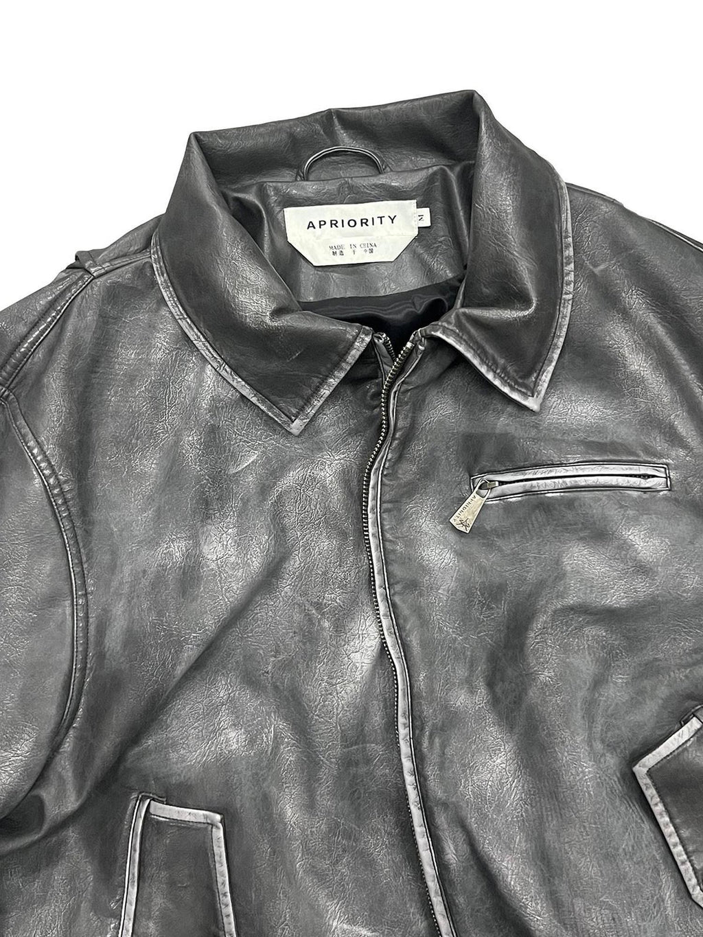 APRIORITY Washed Distressed Cross Detroit Lapel Women's Faux Leather Leather Jackets