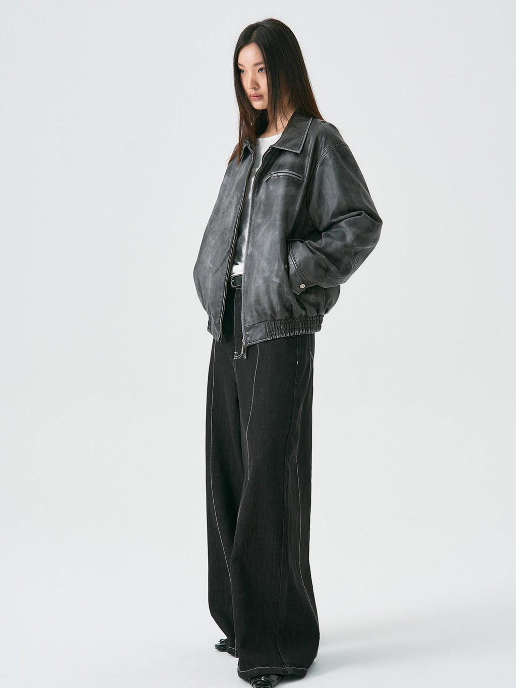 APRIORITY Washed Distressed Cross Detroit Lapel Women's Faux Leather Leather Jackets