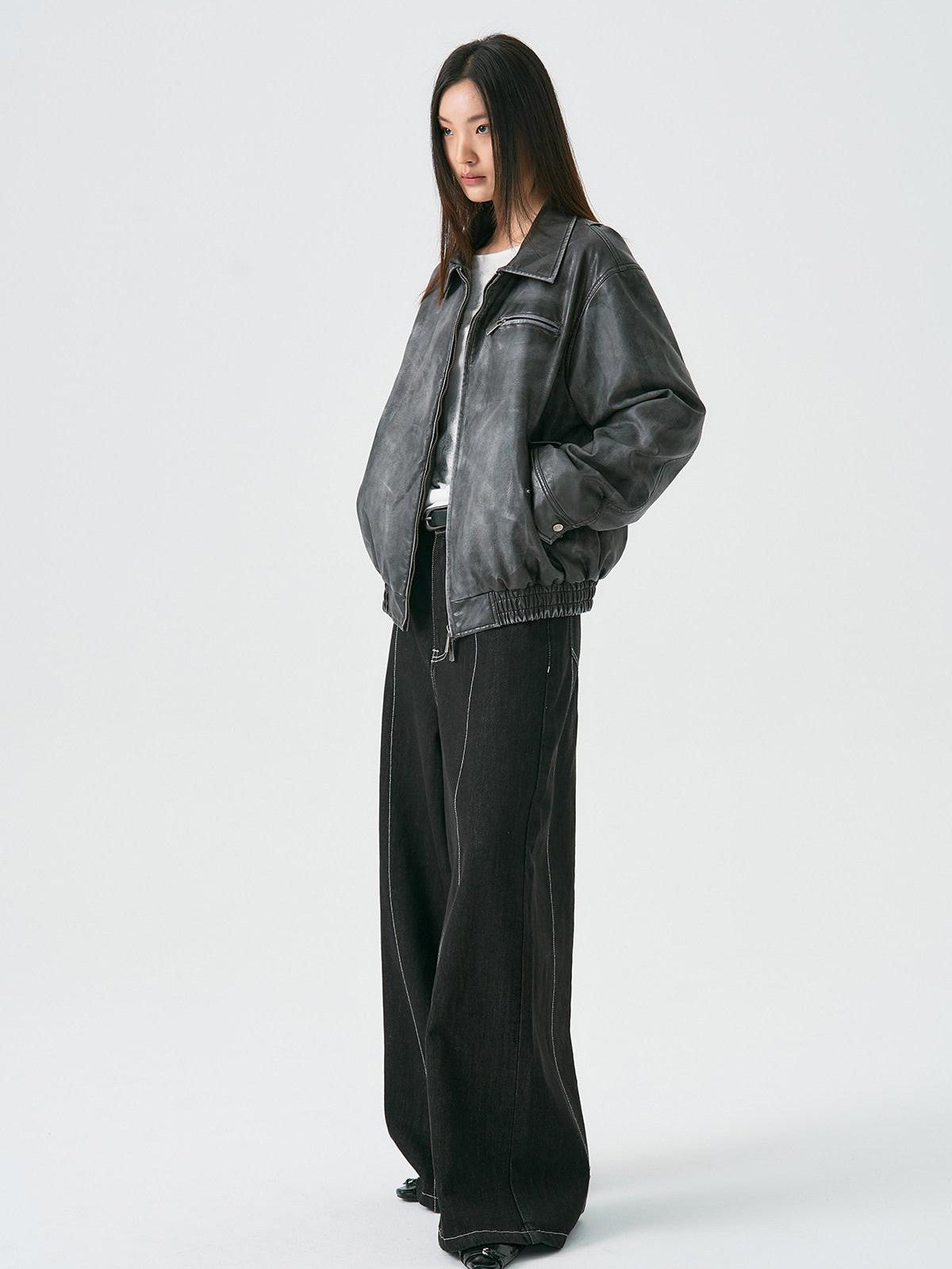APRIORITY Washed Distressed Cross Detroit Lapel Women's Faux Leather Leather Jackets