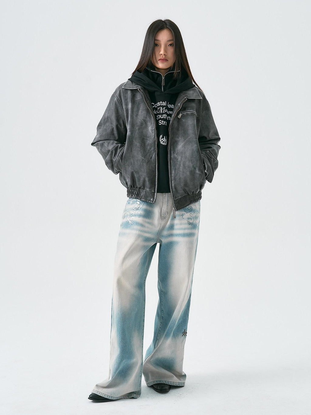 APRIORITY Washed Distressed Cross Detroit Lapel Women's Faux Leather Leather Jackets