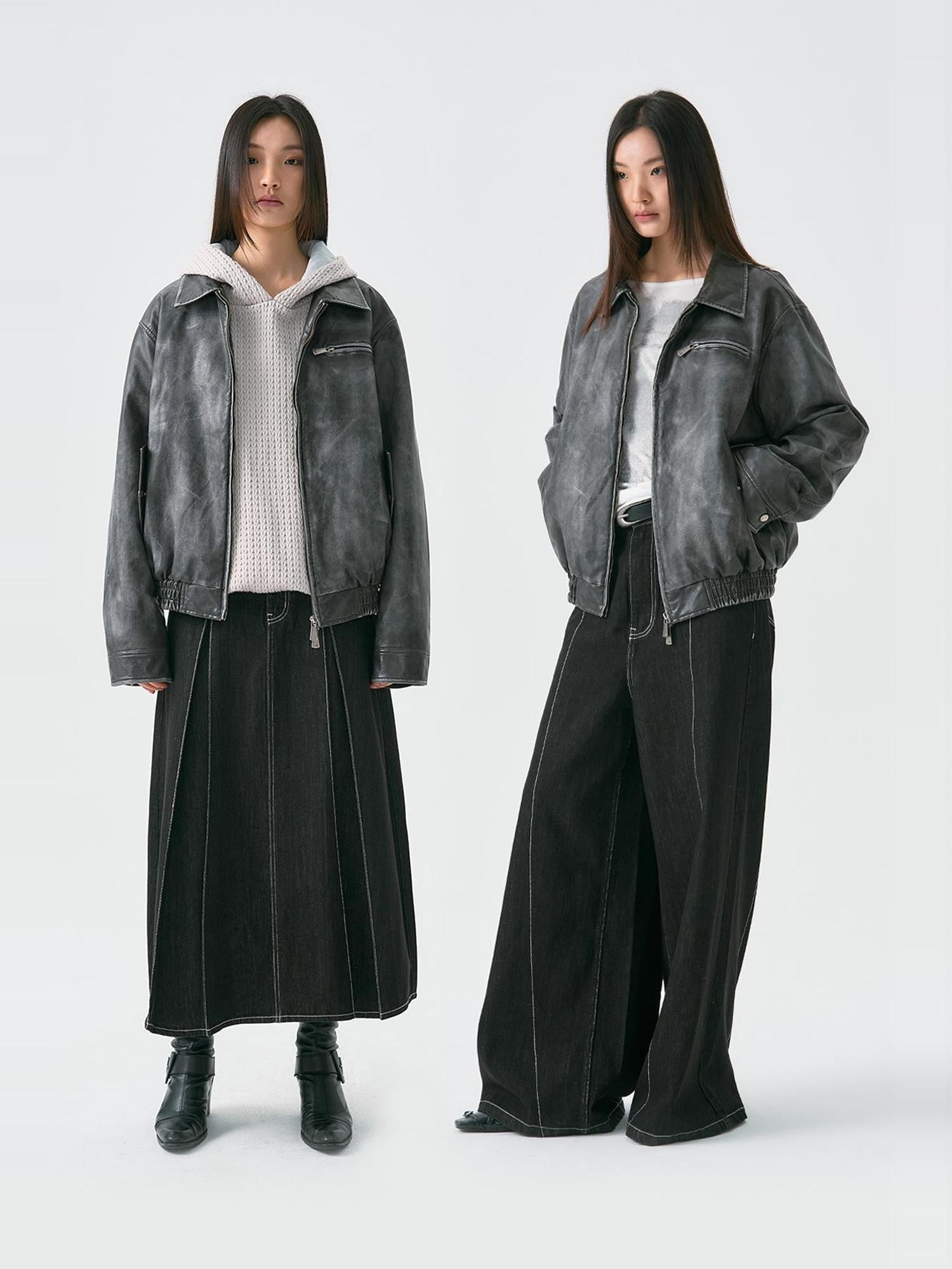 APRIORITY Washed Distressed Cross Detroit Lapel Women's Faux Leather Leather Jackets