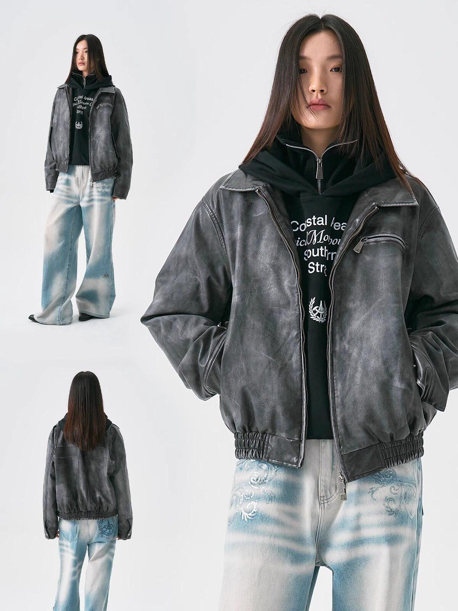 APRIORITY Washed Distressed Cross Detroit Lapel Women's Faux Leather Leather Jackets