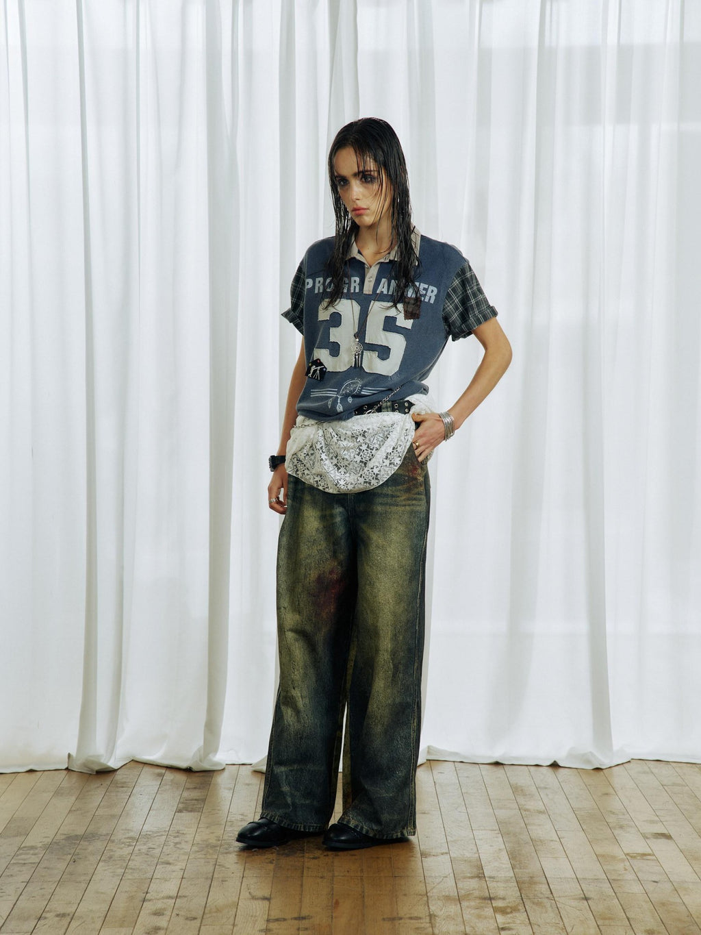APRIORITY Washed Hand Stitched Plaid Patchwork Women's Cotton Blend Henley T-shirts
