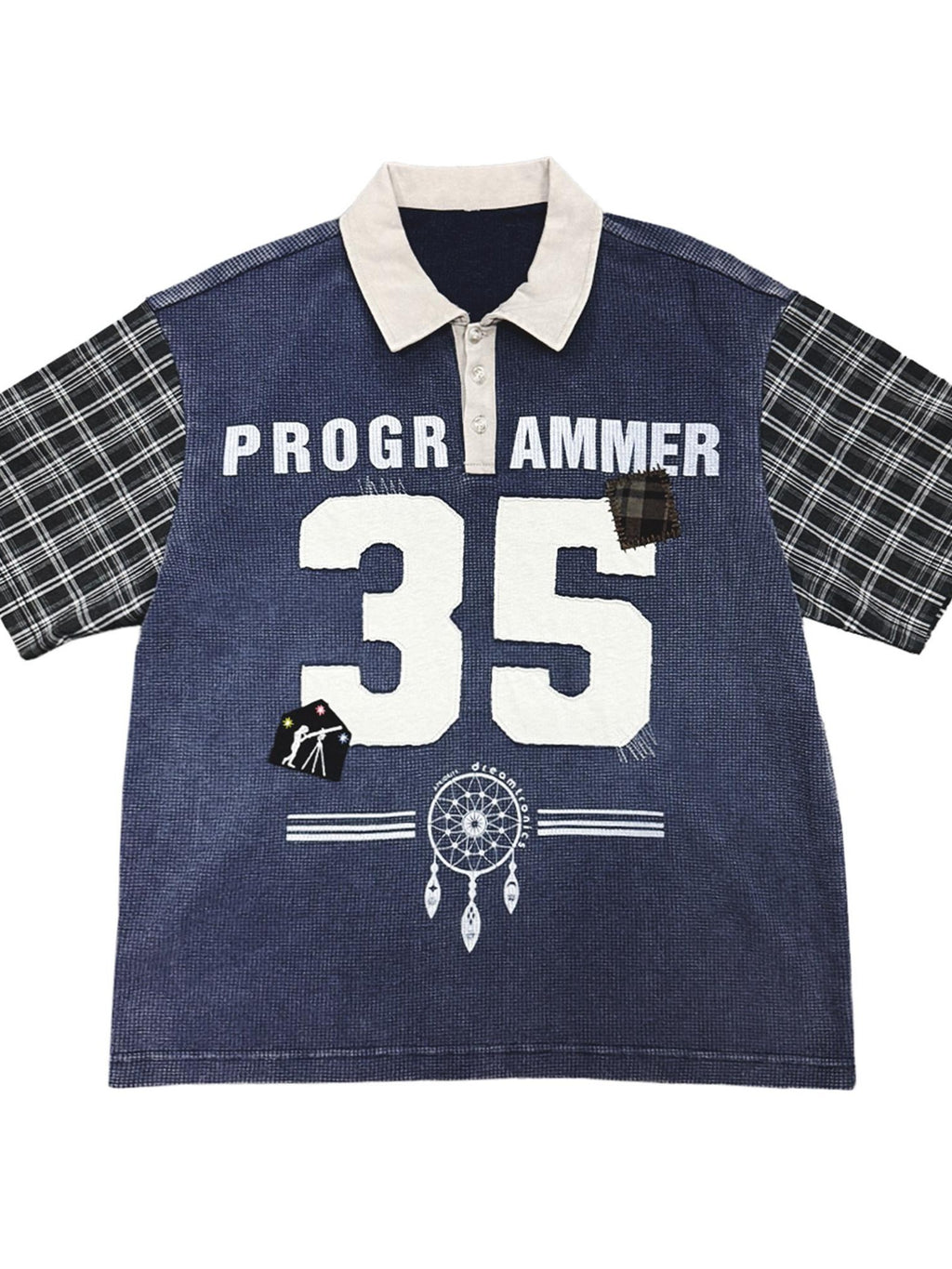 APRIORITY Washed Hand Stitched Plaid Patchwork Women's Cotton Blend Henley T-shirts