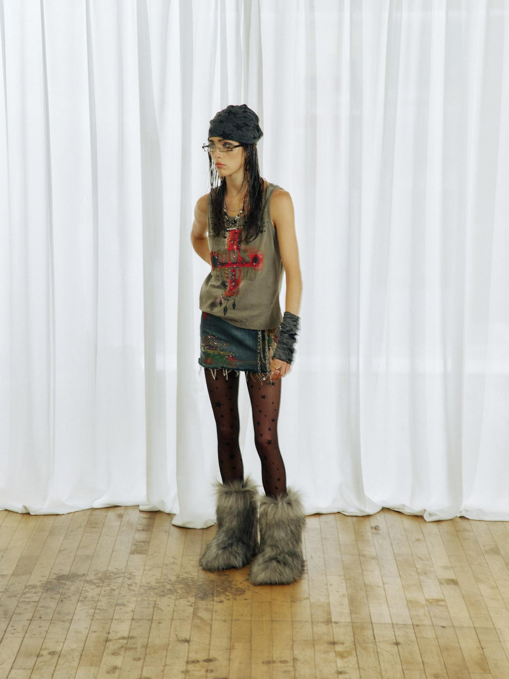 APRIORITY Washed Ink Splatter Distressed Embroidered Cross Metal Women's Cotton Tank Tops