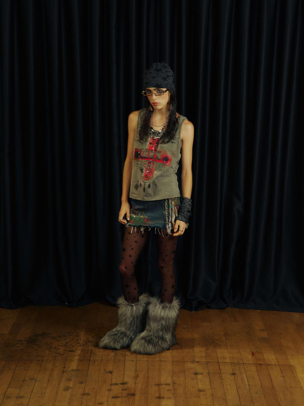 APRIORITY Washed Ink Splatter Distressed Embroidered Cross Metal Women's Cotton Tank Tops