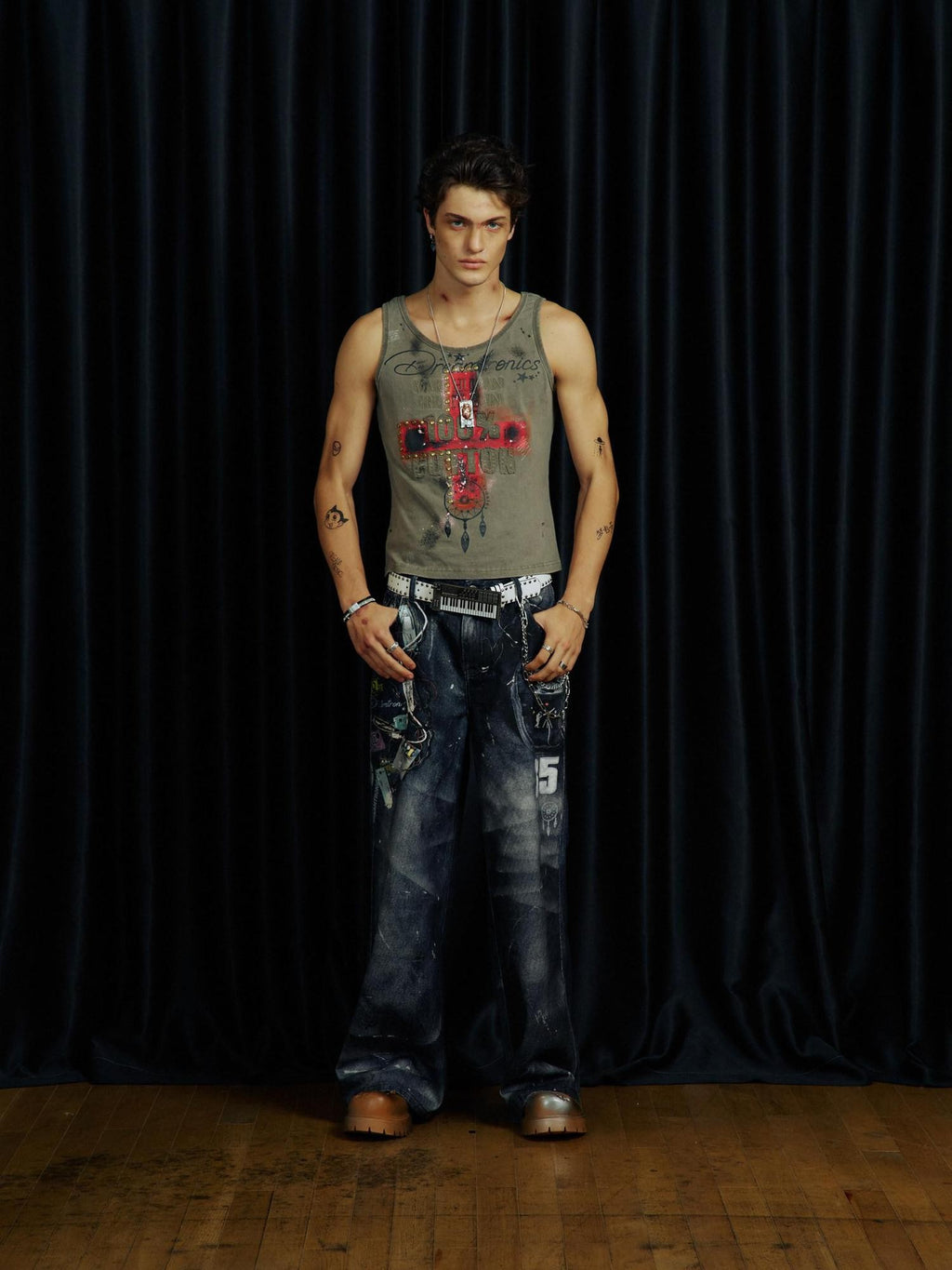 APRIORITY Washed Ink Splatter Distressed Embroidered Cross Metal Women's Cotton Tank Tops