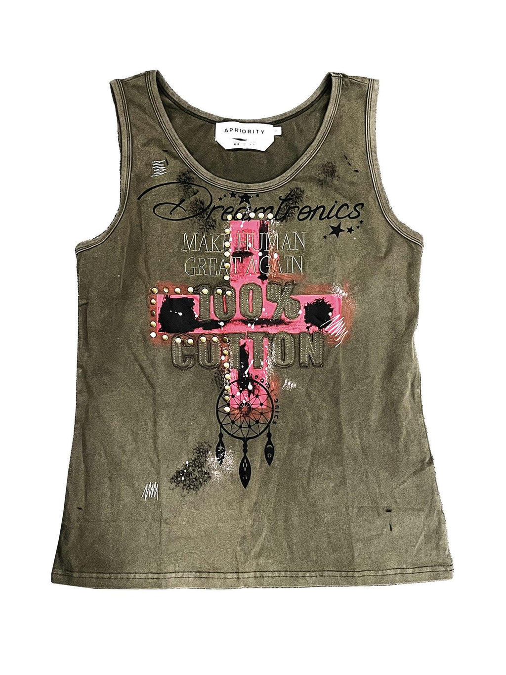 APRIORITY Washed Ink Splatter Distressed Embroidered Cross Metal Women's Cotton Tank Tops