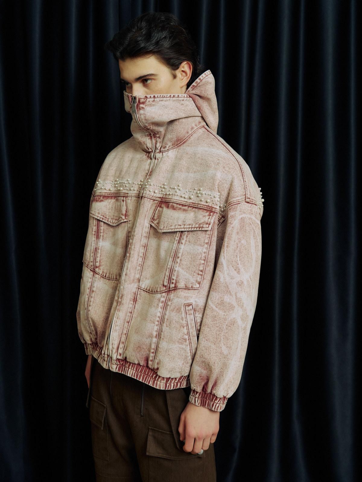 APRIORITY Washed Pink Pearl Double Layer Collar Hooded Women's Cotton Denim Jackets