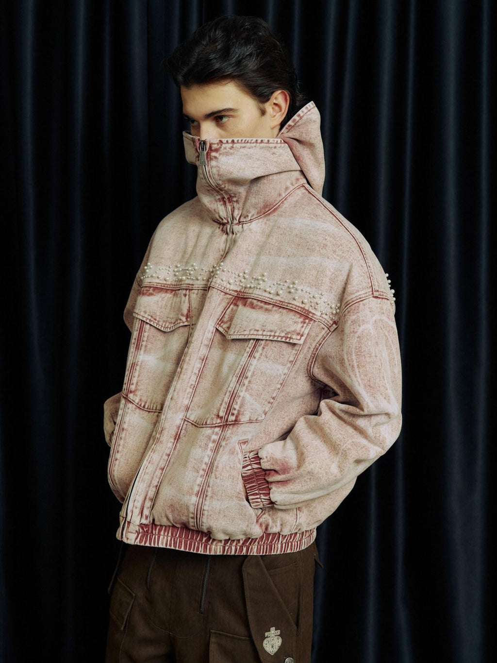 APRIORITY Washed Pink Pearl Double Layer Collar Hooded Women's Cotton Denim Jackets