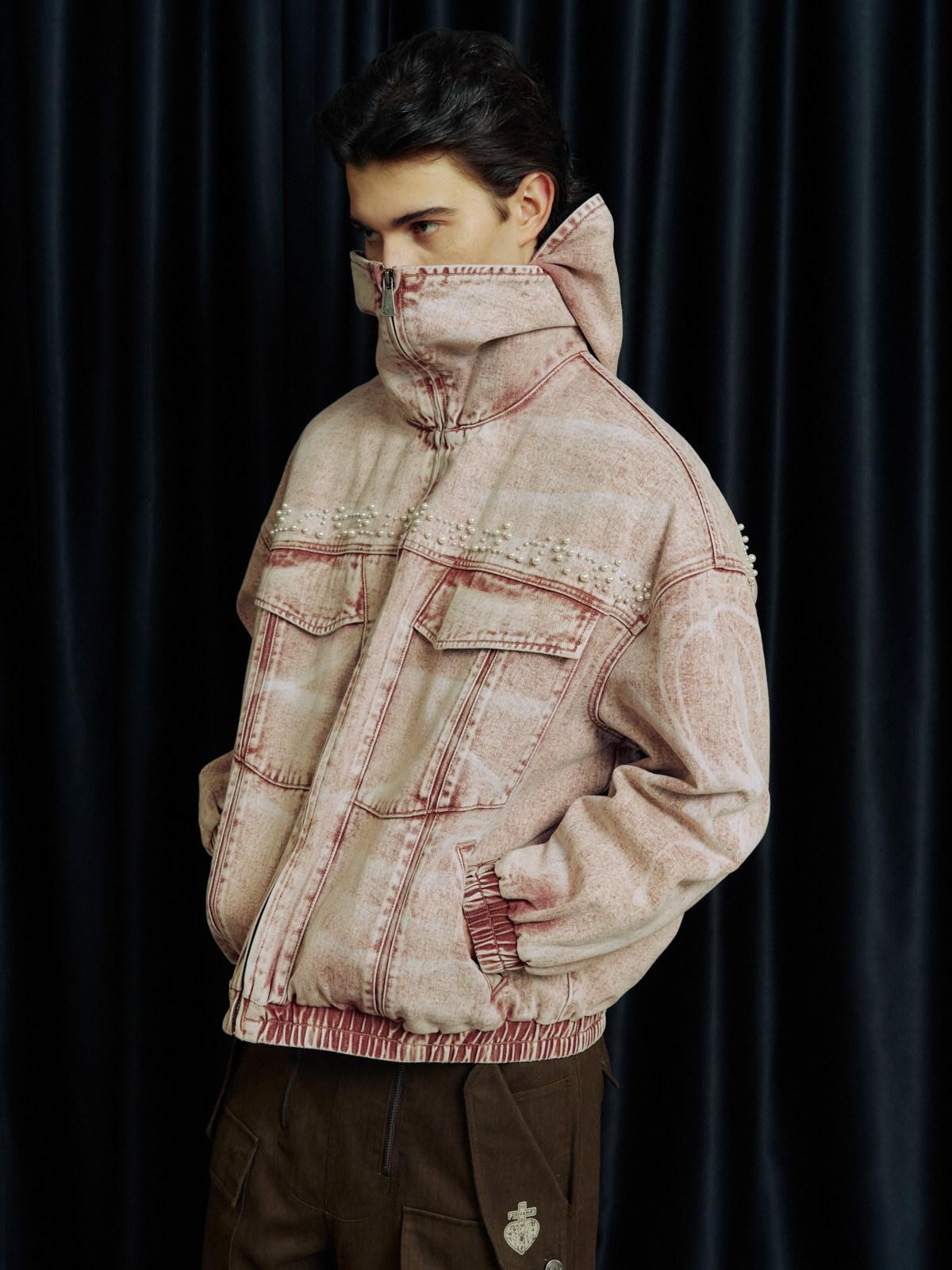 APRIORITY Washed Pink Pearl Double Layer Collar Hooded Women's Cotton Denim Jackets
