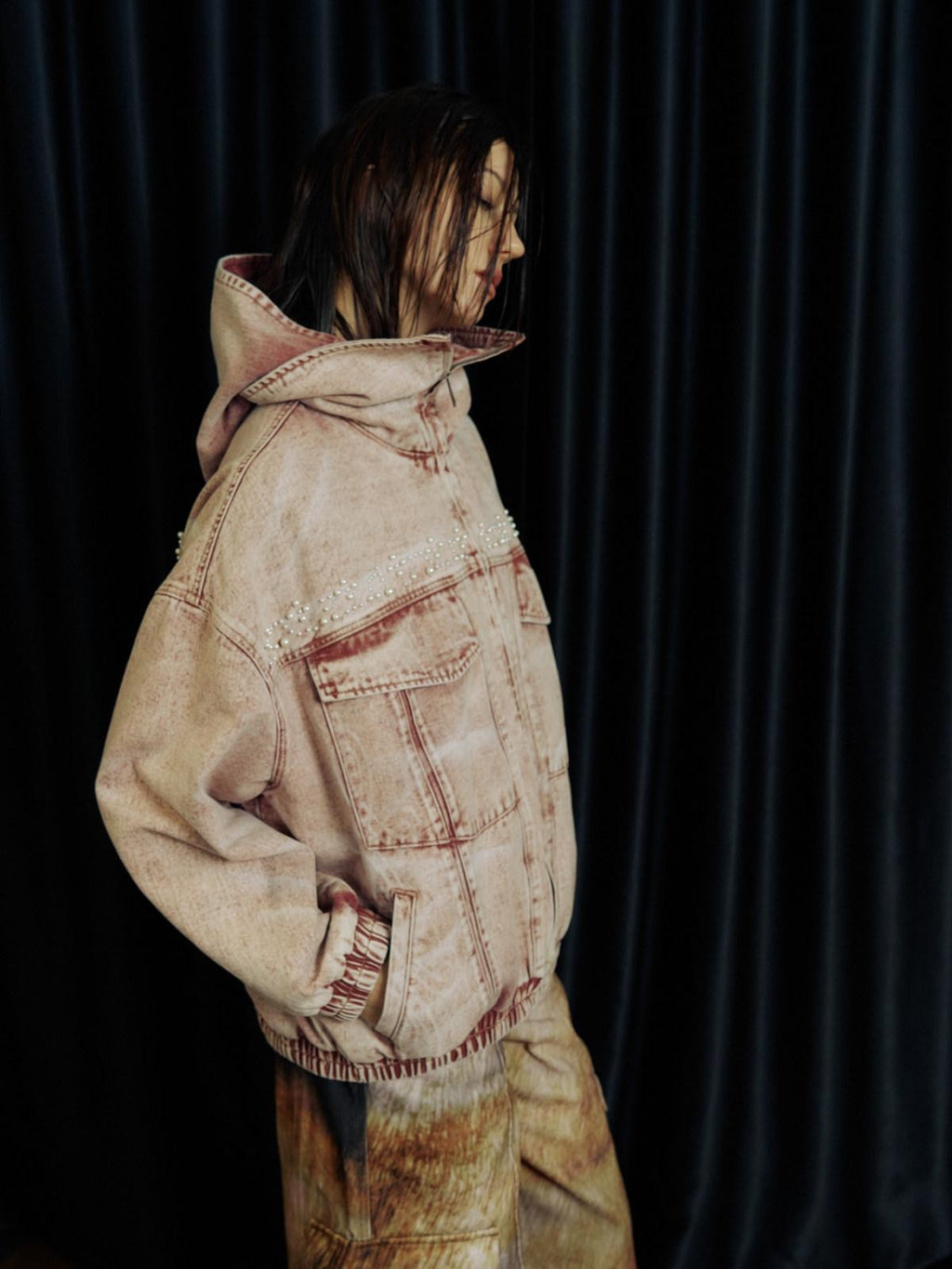 APRIORITY Washed Pink Pearl Double Layer Collar Hooded Women's Cotton Denim Jackets