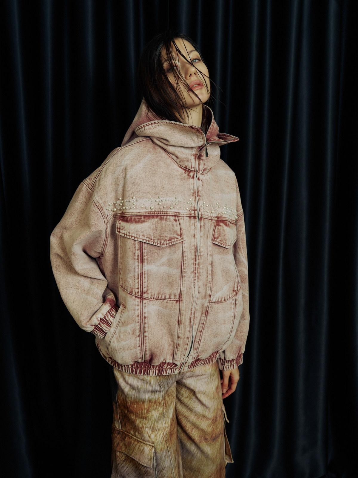 APRIORITY Washed Pink Pearl Double Layer Collar Hooded Women's Cotton Denim Jackets