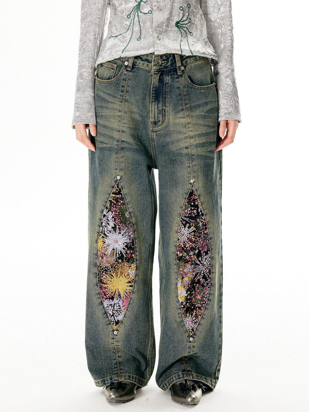 APRIORITY Washed Vintage Distressed Mid Rise Women's Denim Straight-leg Jeans