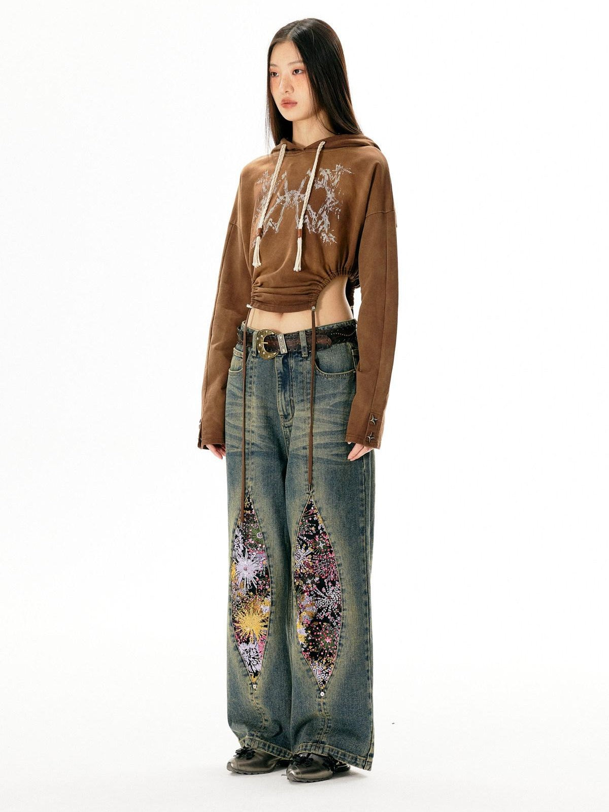 APRIORITY Washed Vintage Distressed Mid Rise Women's Denim Straight-leg Jeans