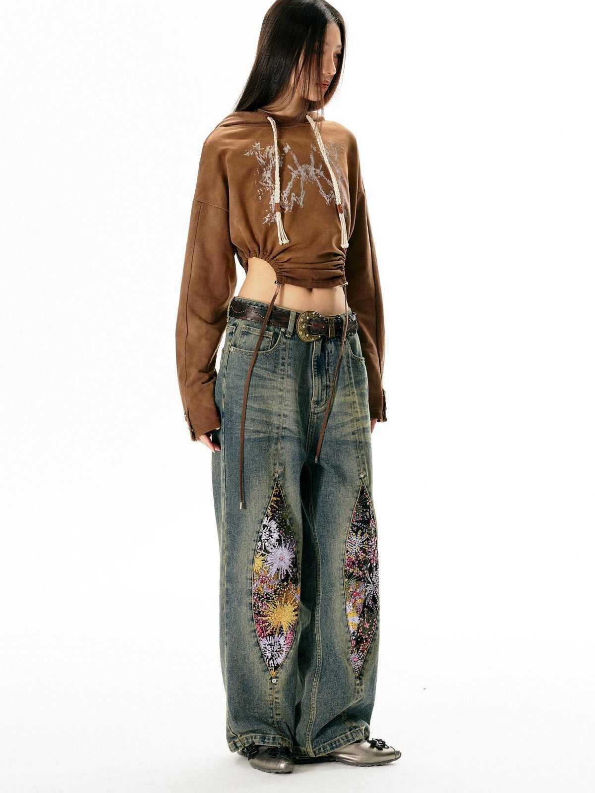 APRIORITY Washed Vintage Distressed Mid Rise Women's Denim Straight-leg Jeans