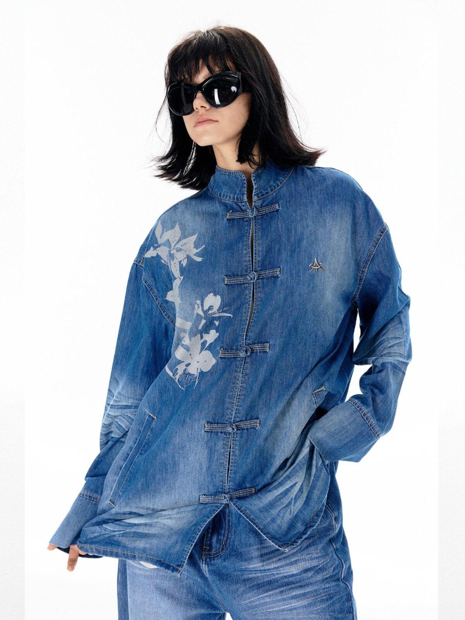APRIORITY Waterwashed Denim New Chinese Loose Straight Turn Collar Women's Cotton Shirts