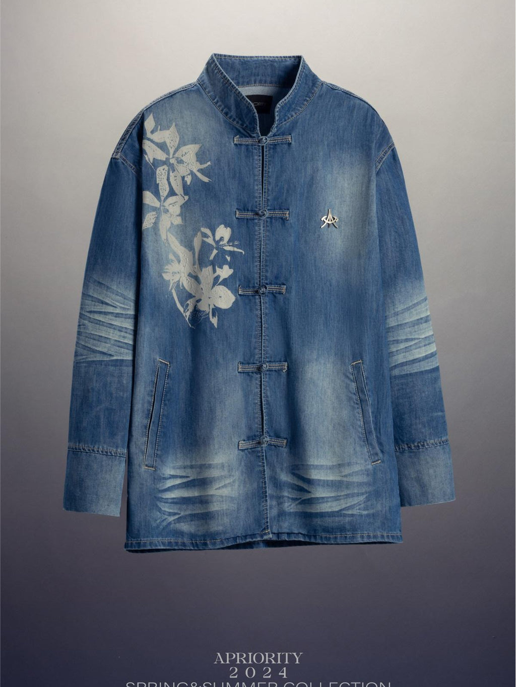 APRIORITY Waterwashed Denim New Chinese Loose Straight Turn Collar Women's Cotton Shirts