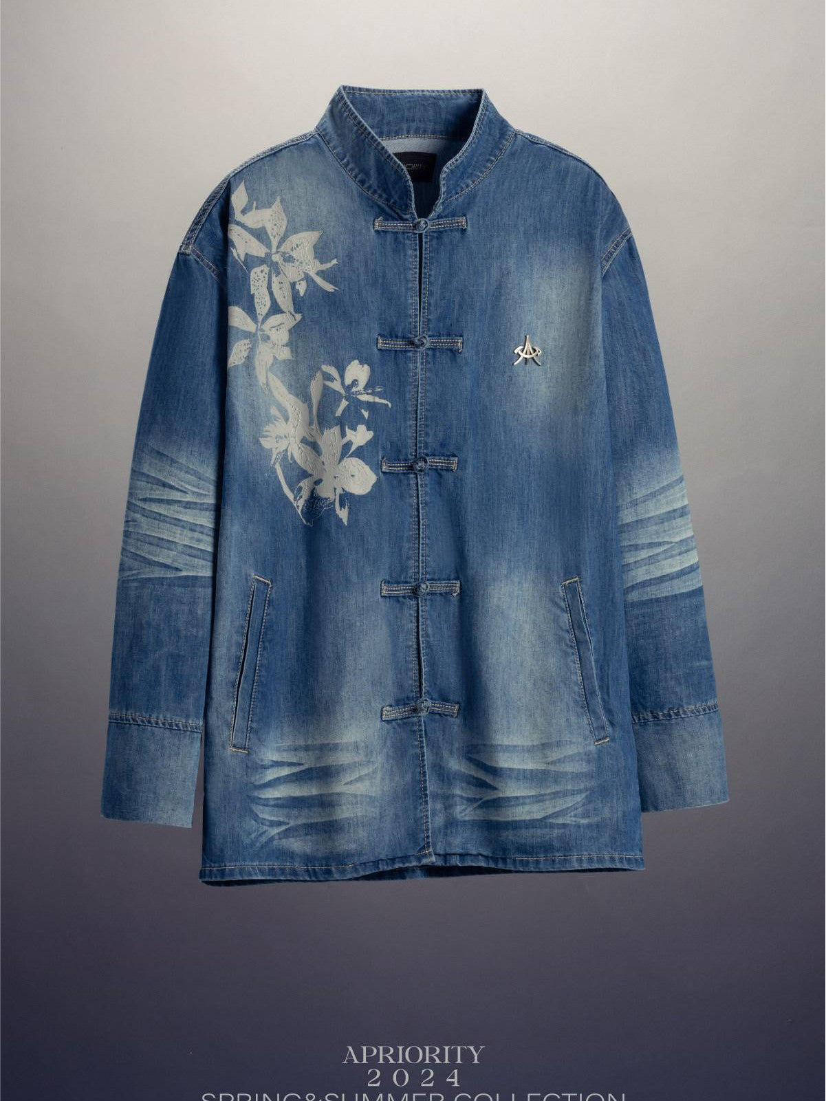 APRIORITY Waterwashed Denim New Chinese Loose Straight Turn Collar Women's Cotton Shirts