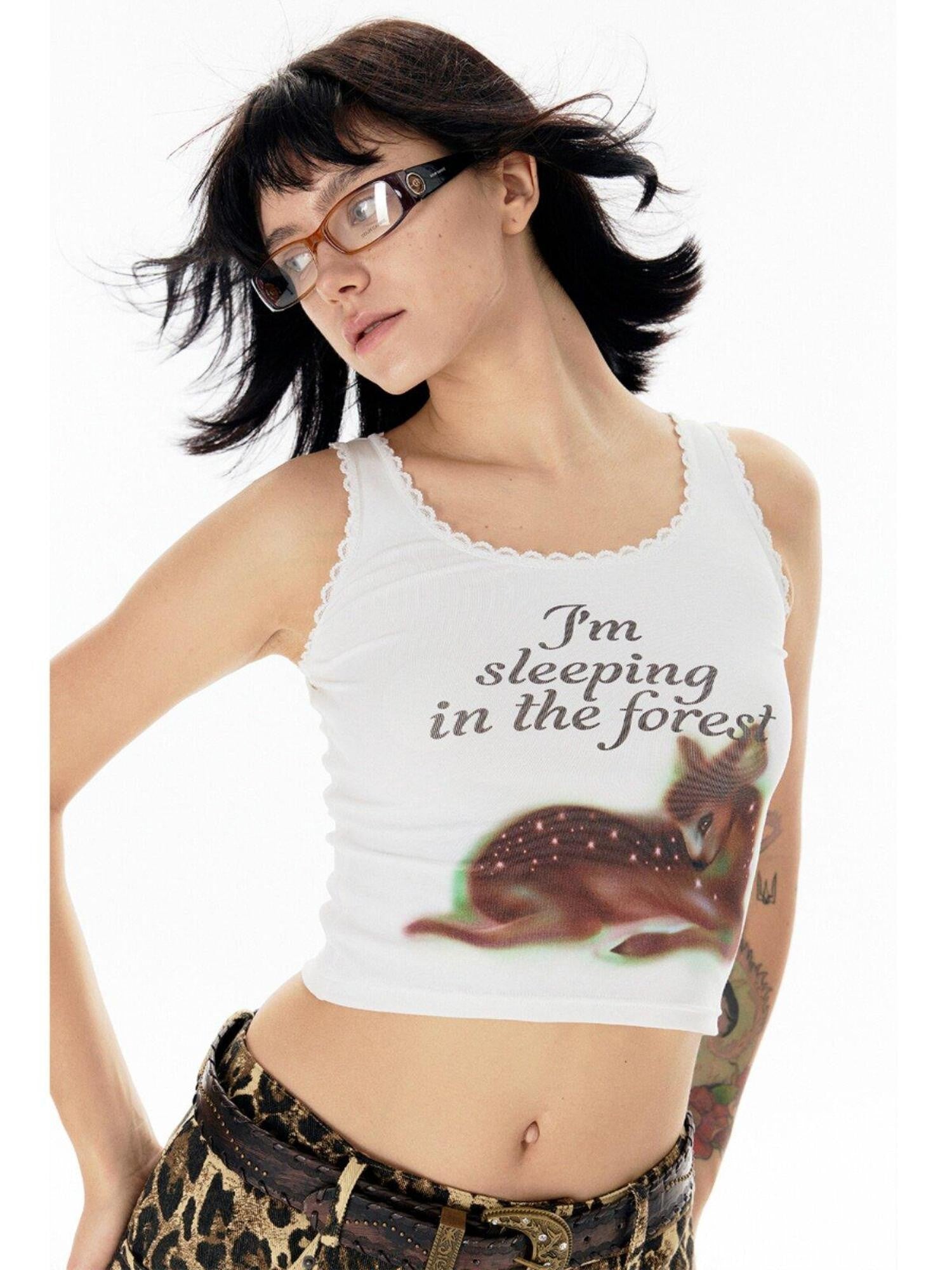 APRIORITY White Ink Print Lace Trim Animal Graphic Original Women's Cotton Tank Tops