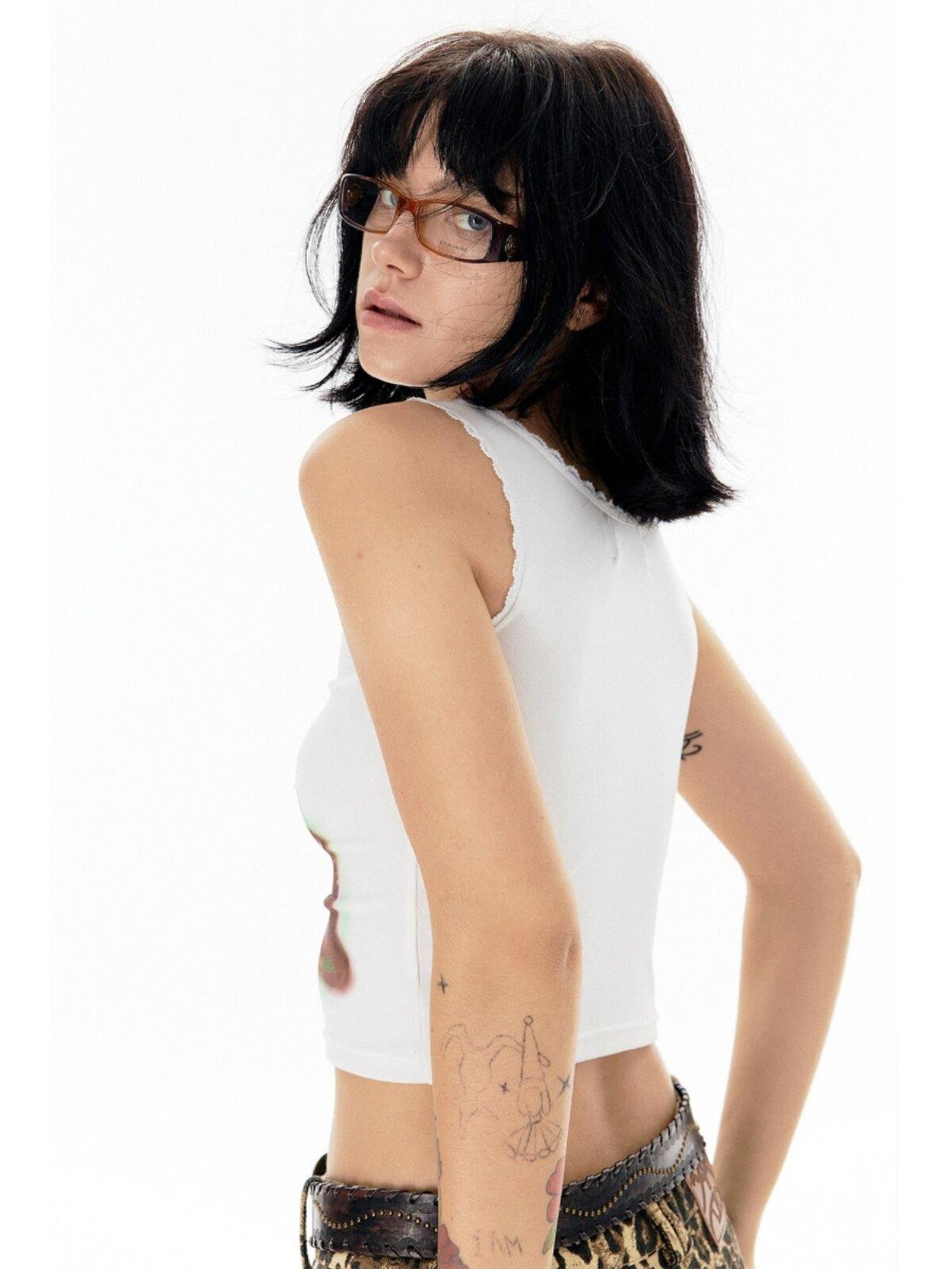 APRIORITY White Ink Print Lace Trim Animal Graphic Original Women's Cotton Tank Tops