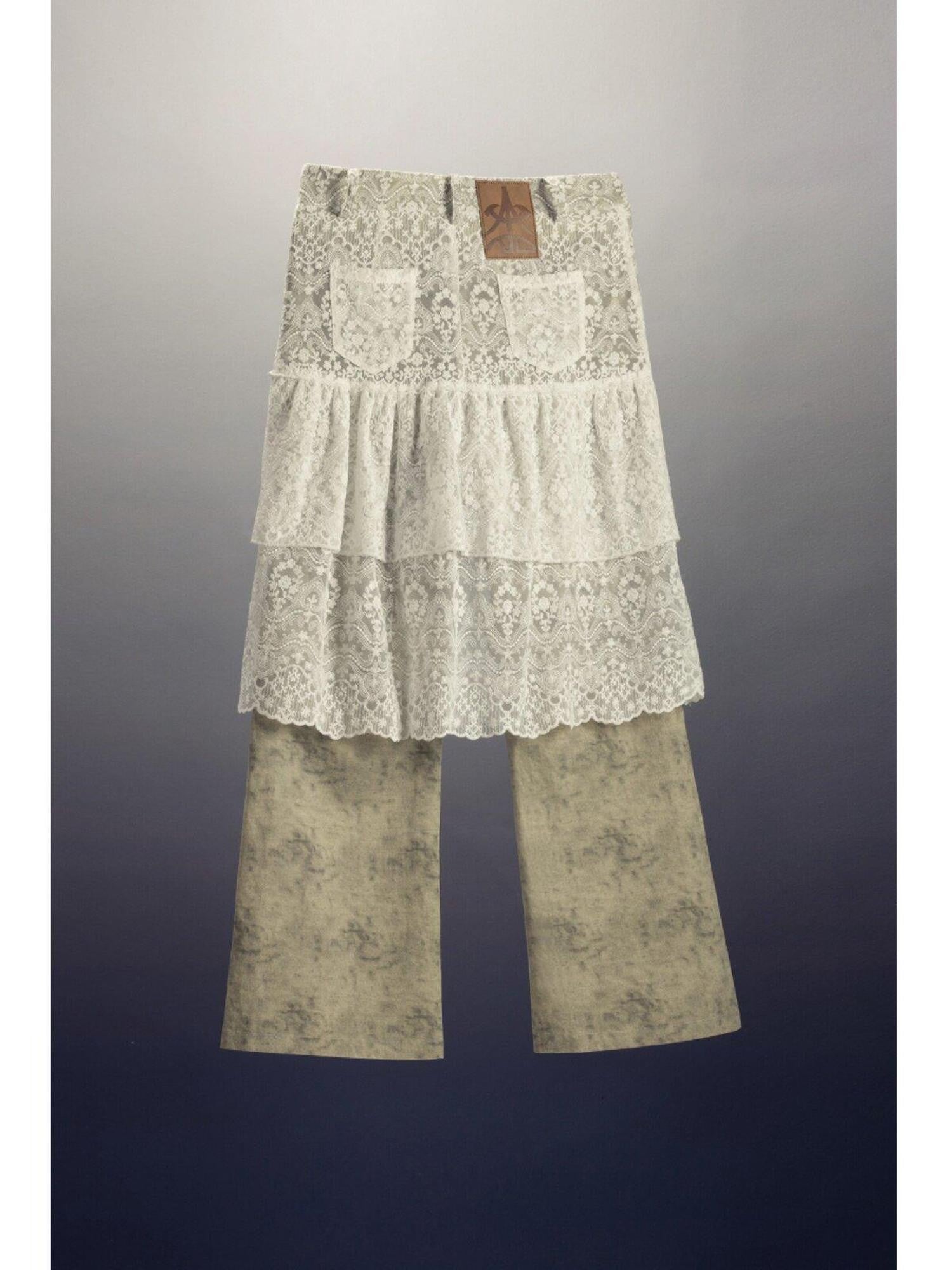 APRIORITY White Lace Cutout Drape Skirt Women's Cotton Straight-leg Pants