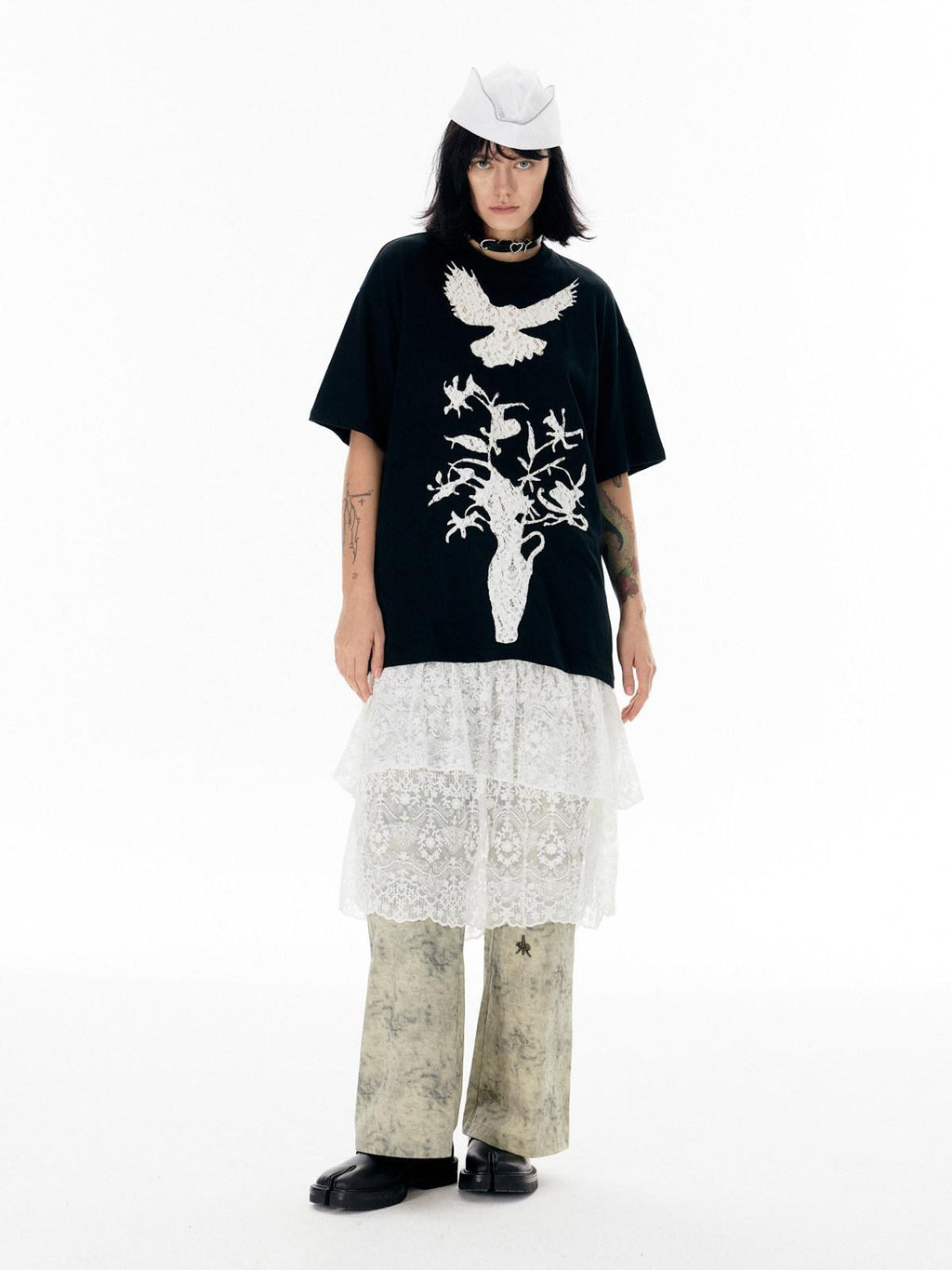 APRIORITY White Lace Cutout Drape Skirt Women's Cotton Straight-leg Pants