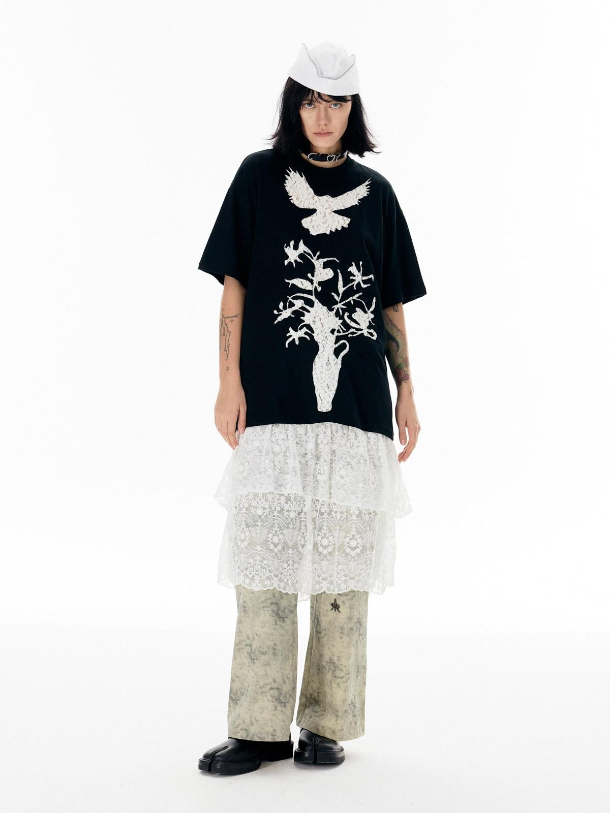 APRIORITY White Lace Cutout Drape Skirt Women's Cotton Straight-leg Pants