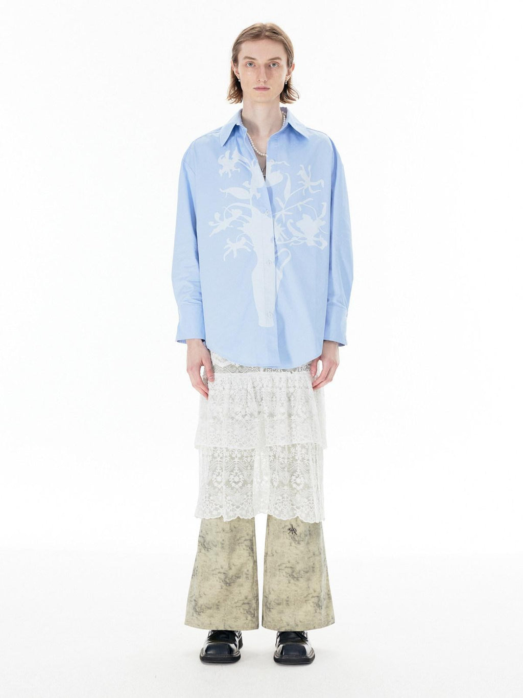 APRIORITY White Lace Cutout Drape Skirt Women's Cotton Straight-leg Pants