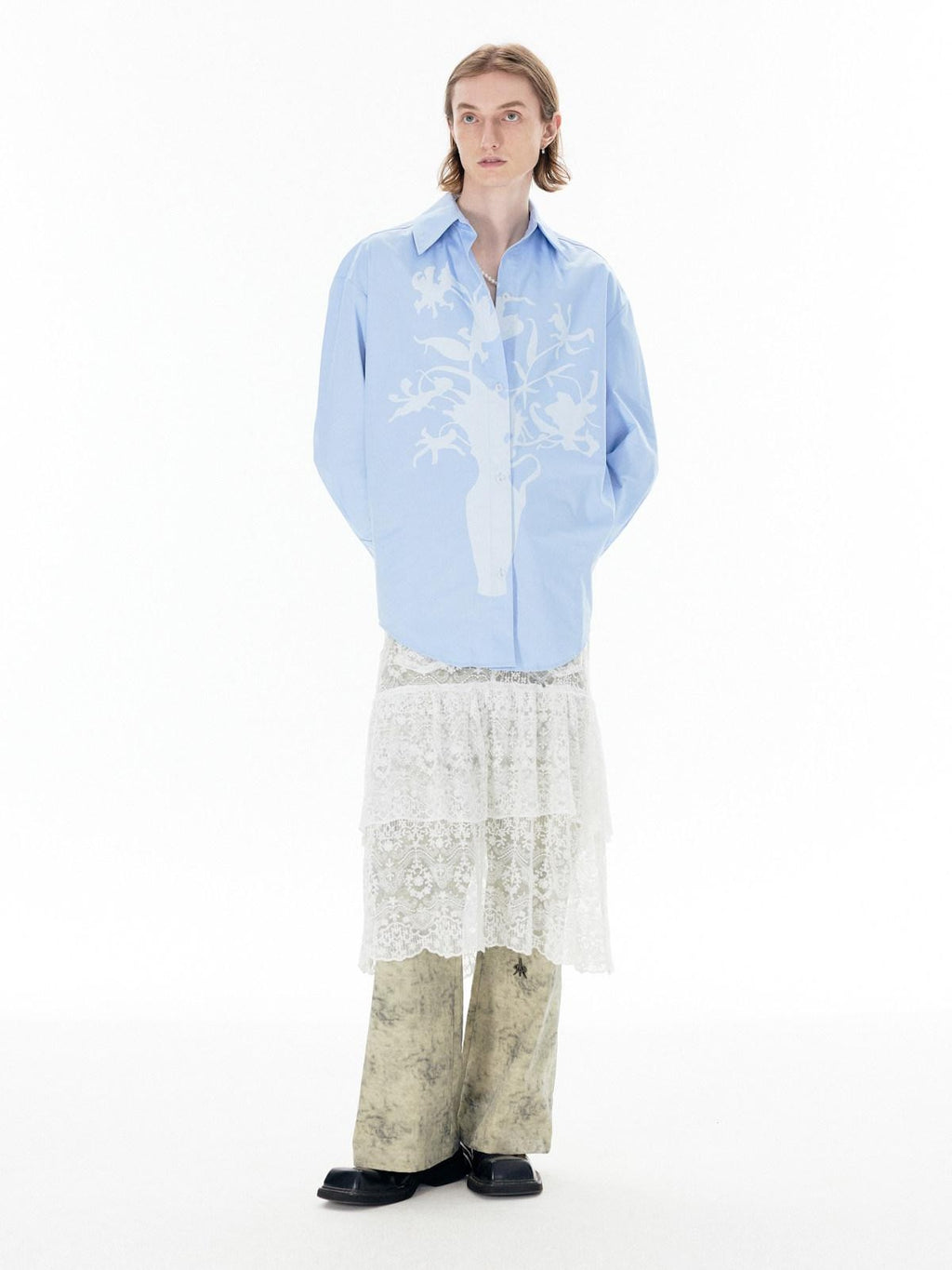 APRIORITY White Lace Cutout Drape Skirt Women's Cotton Straight-leg Pants