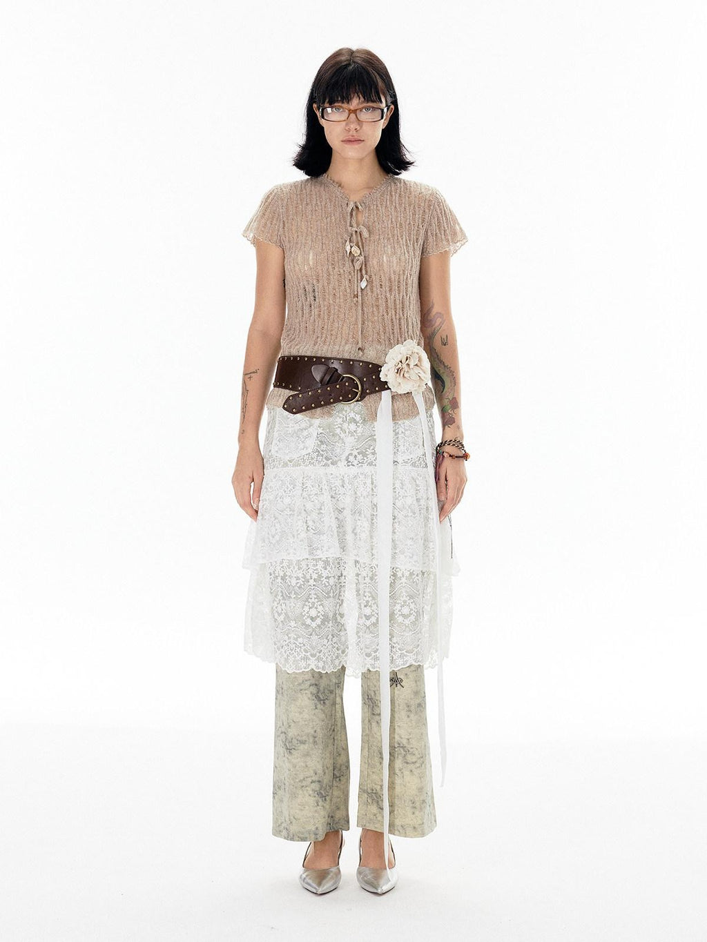 APRIORITY White Lace Cutout Drape Skirt Women's Cotton Straight-leg Pants