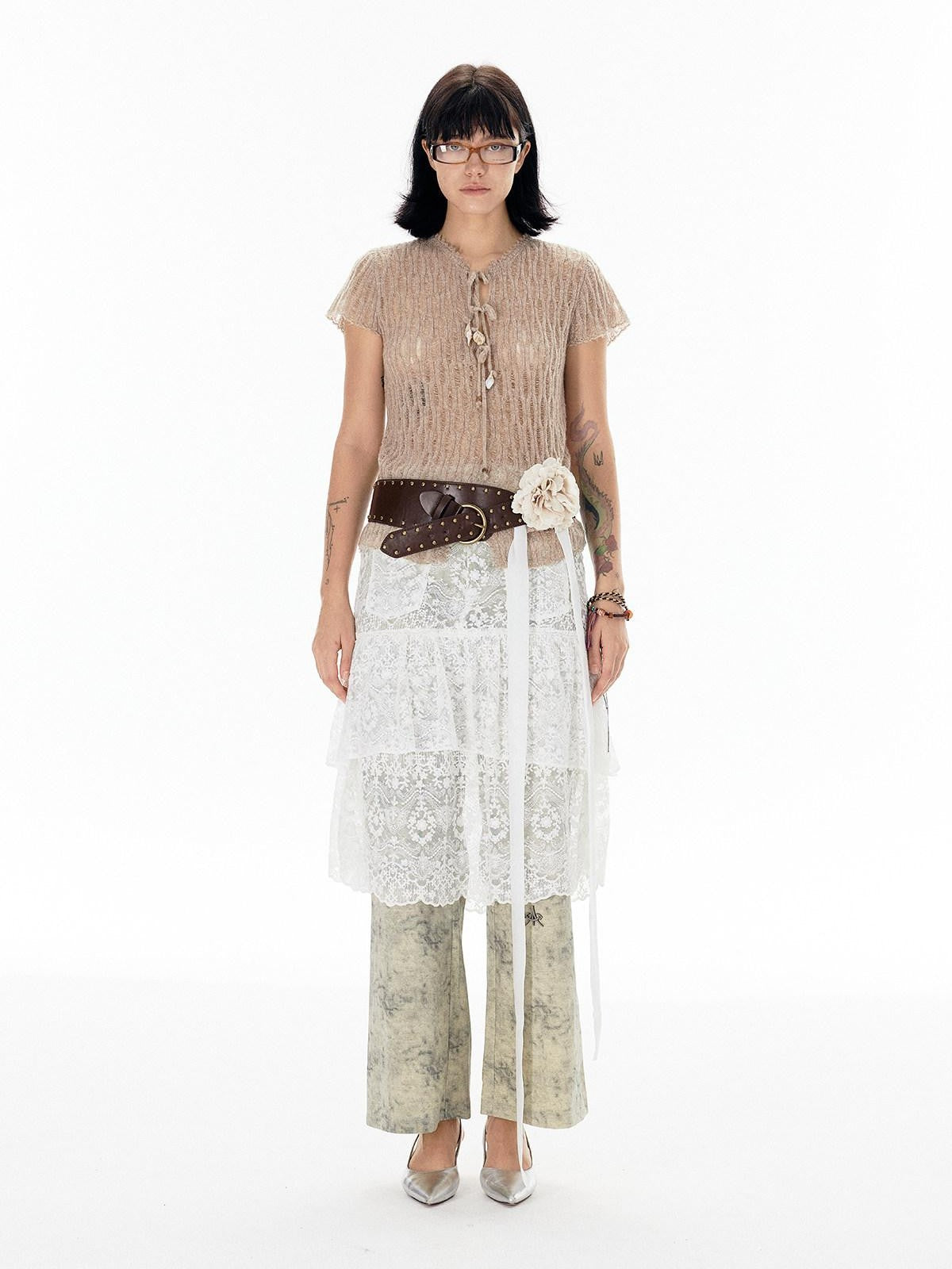 APRIORITY White Lace Cutout Drape Skirt Women's Cotton Straight-leg Pants