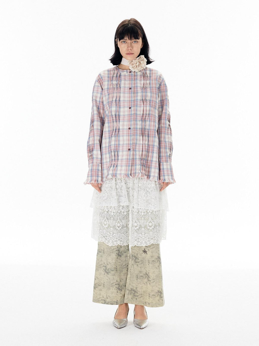 APRIORITY White Lace Cutout Drape Skirt Women's Cotton Straight-leg Pants