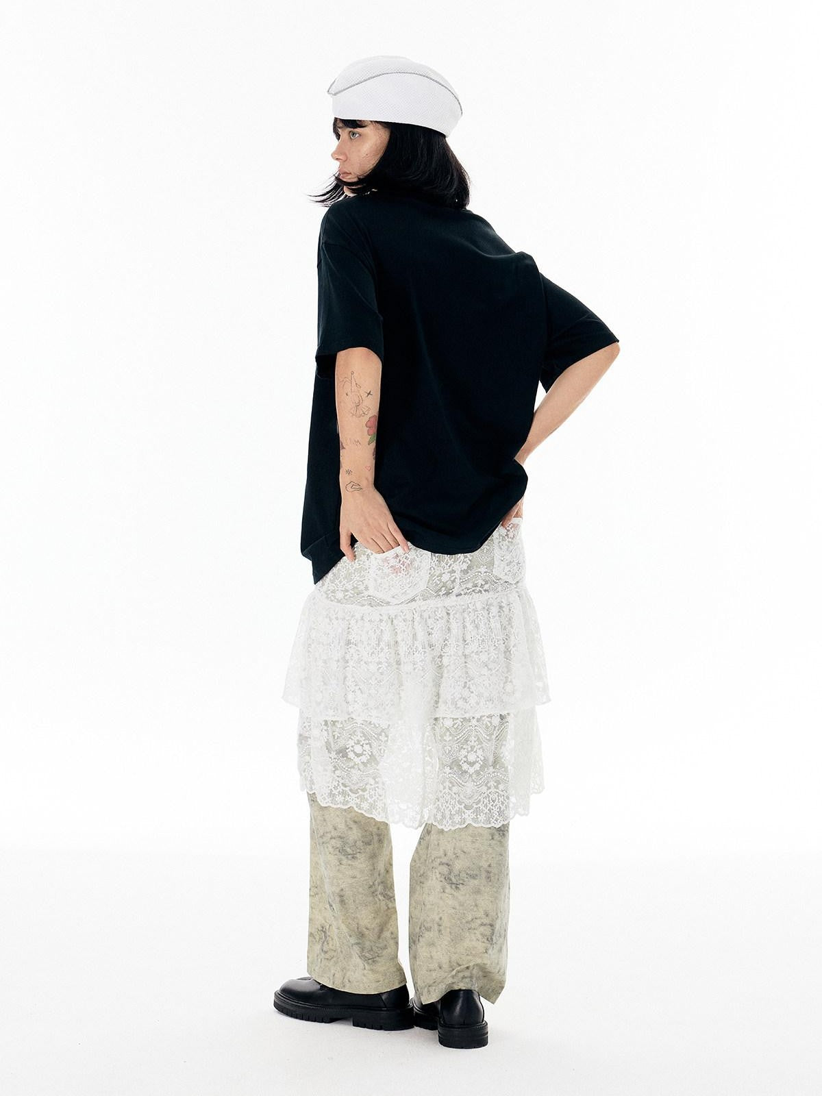 APRIORITY White Lace Cutout Drape Skirt Women's Cotton Straight-leg Pants