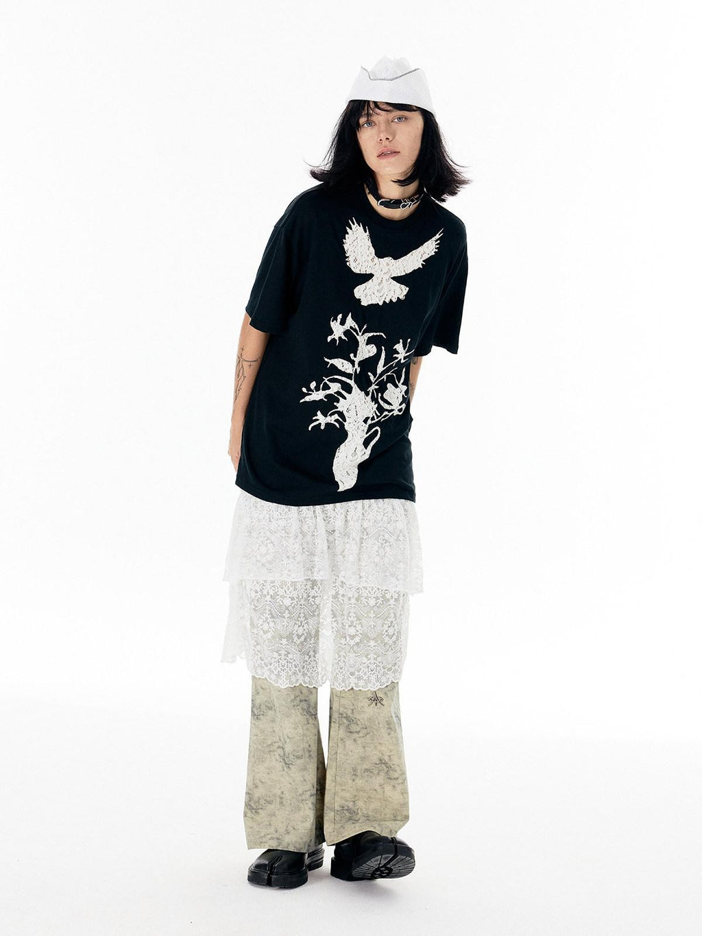 APRIORITY White Lace Cutout Drape Skirt Women's Cotton Straight-leg Pants