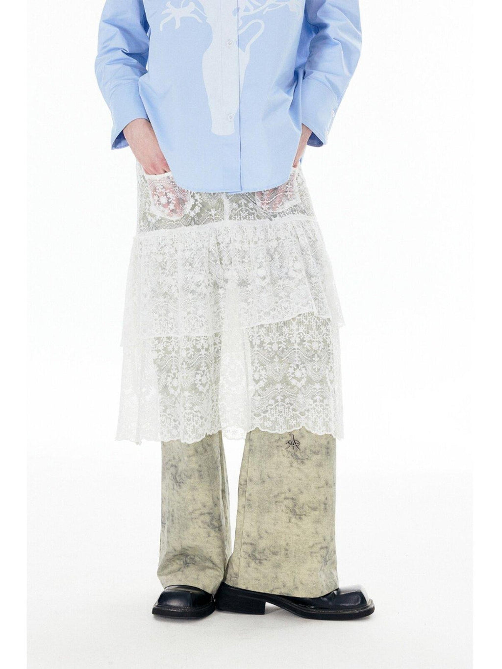 APRIORITY White Lace Cutout Drape Skirt Women's Cotton Straight-leg Pants