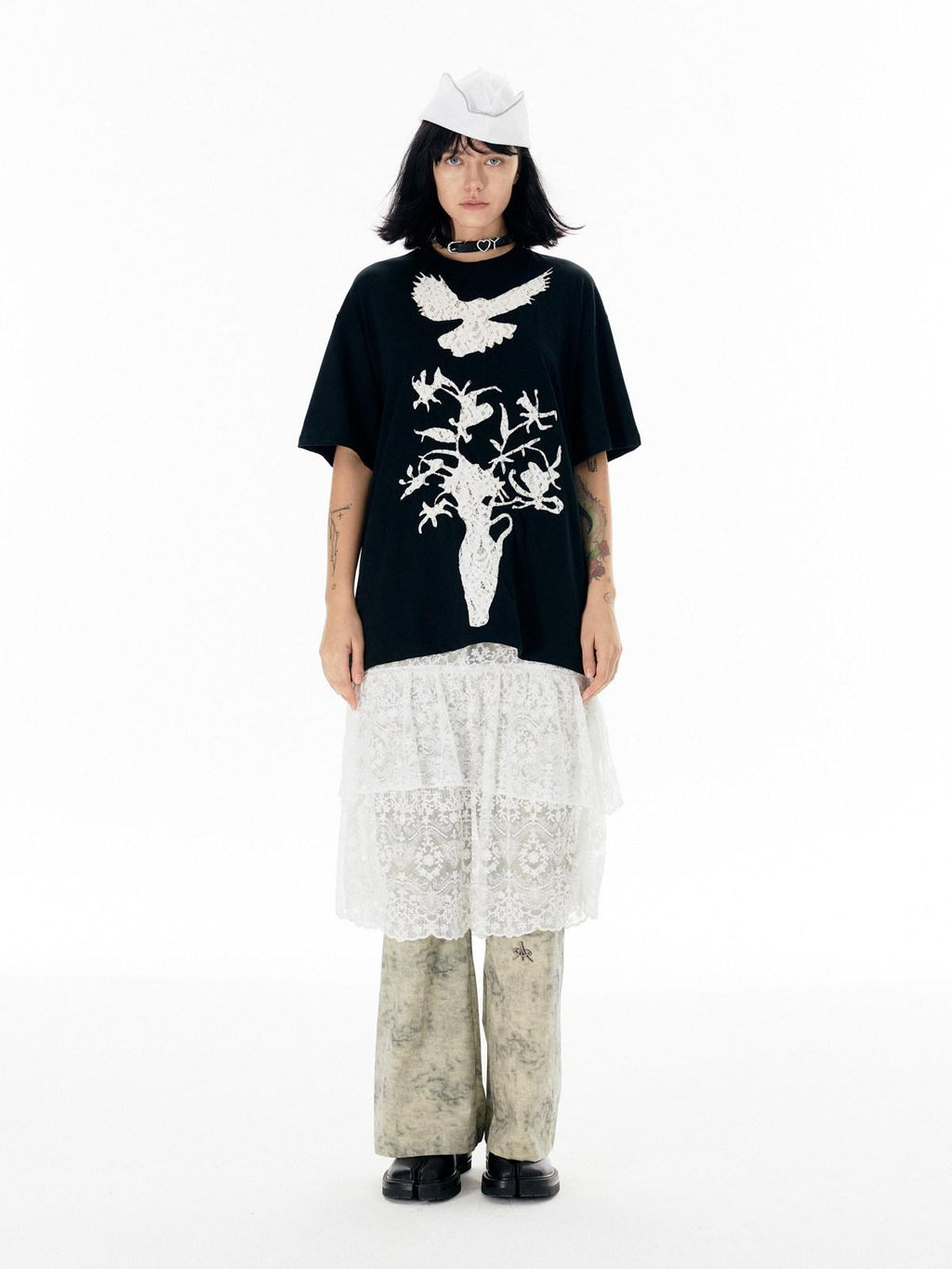 APRIORITY White Lace Cutout Drape Skirt Women's Cotton Straight-leg Pants