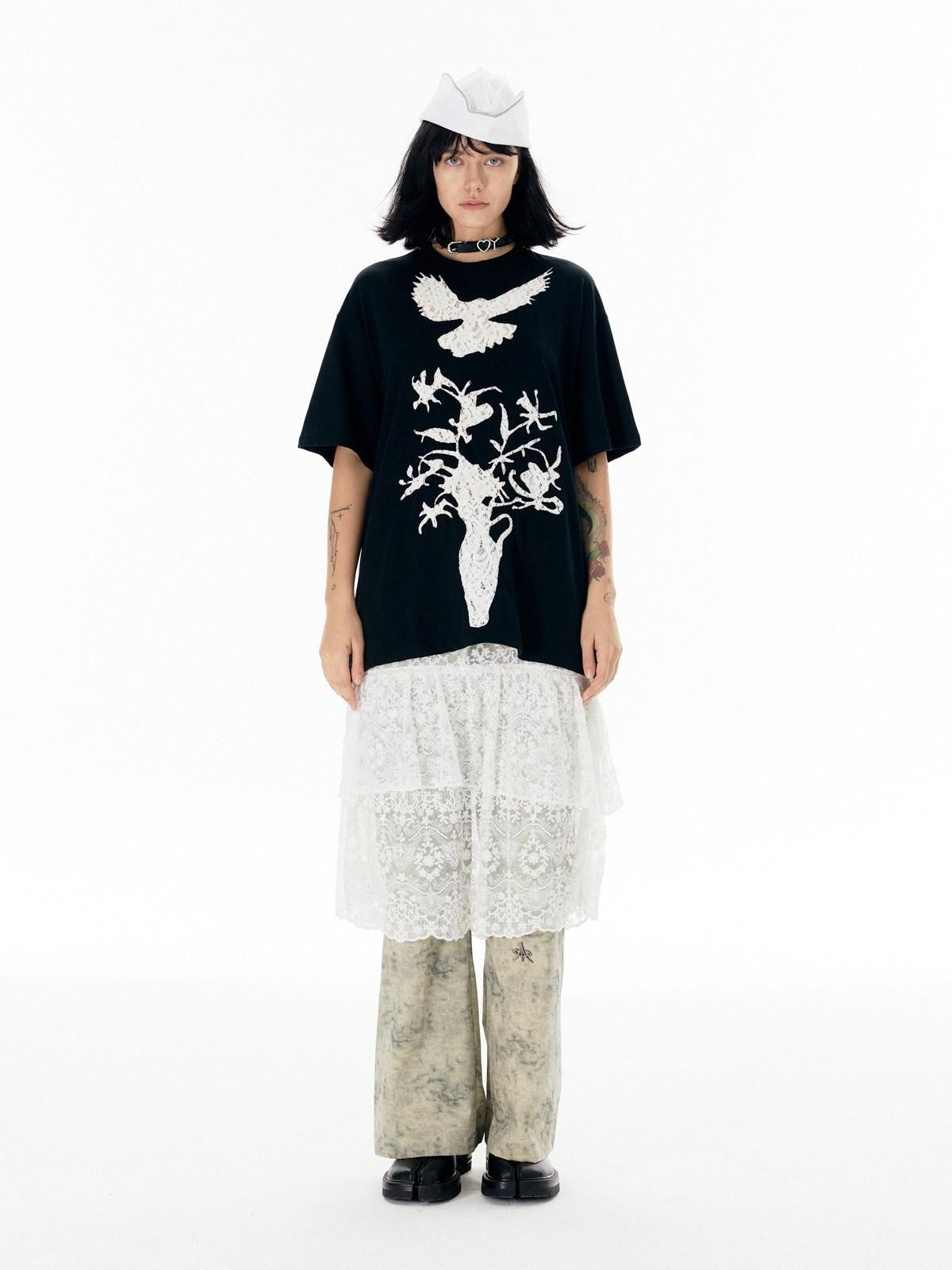 APRIORITY White Lace Cutout Drape Skirt Women's Cotton Straight-leg Pants