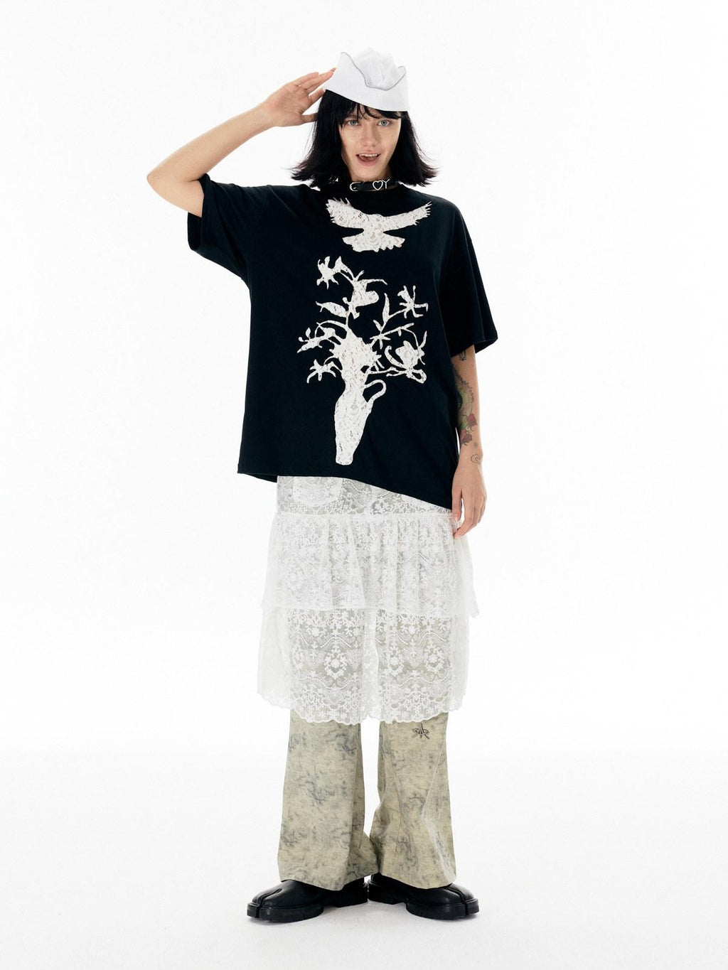 APRIORITY White Lace Cutout Drape Skirt Women's Cotton Straight-leg Pants