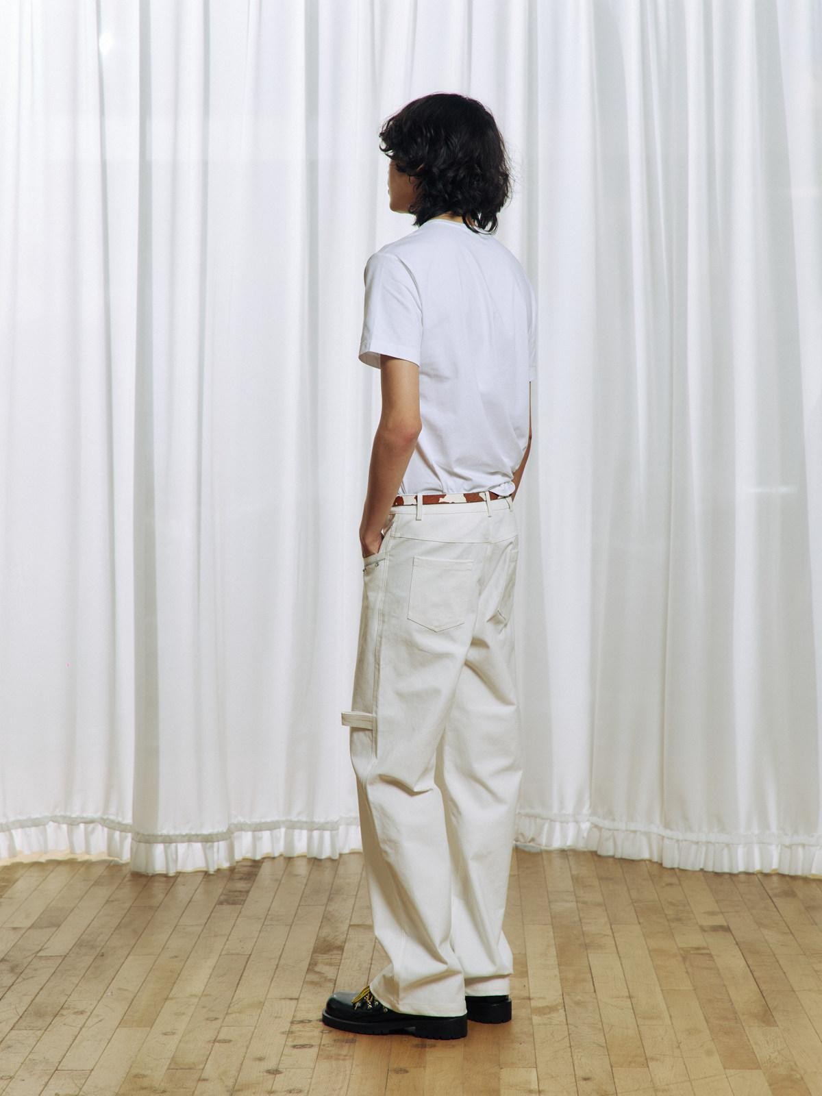 APRIORITY White Rhinestone Stud Embroidered Zipper Pocket Women's Cotton Straight-leg Pants
