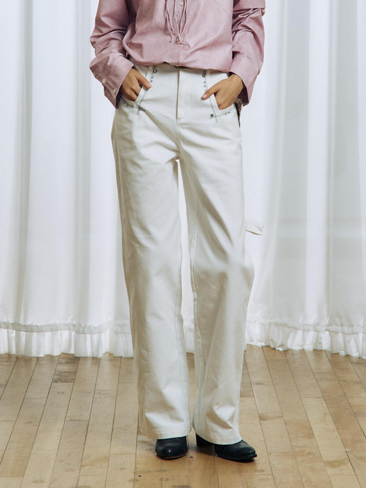 APRIORITY White Rhinestone Stud Embroidered Zipper Pocket Women's Cotton Straight-leg Pants