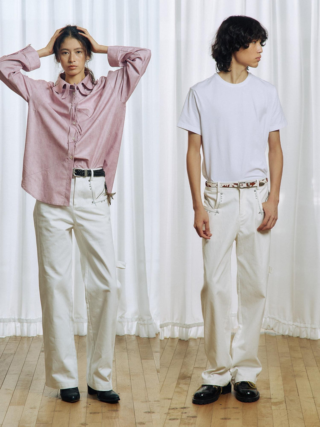 APRIORITY White Rhinestone Stud Embroidered Zipper Pocket Women's Cotton Straight-leg Pants