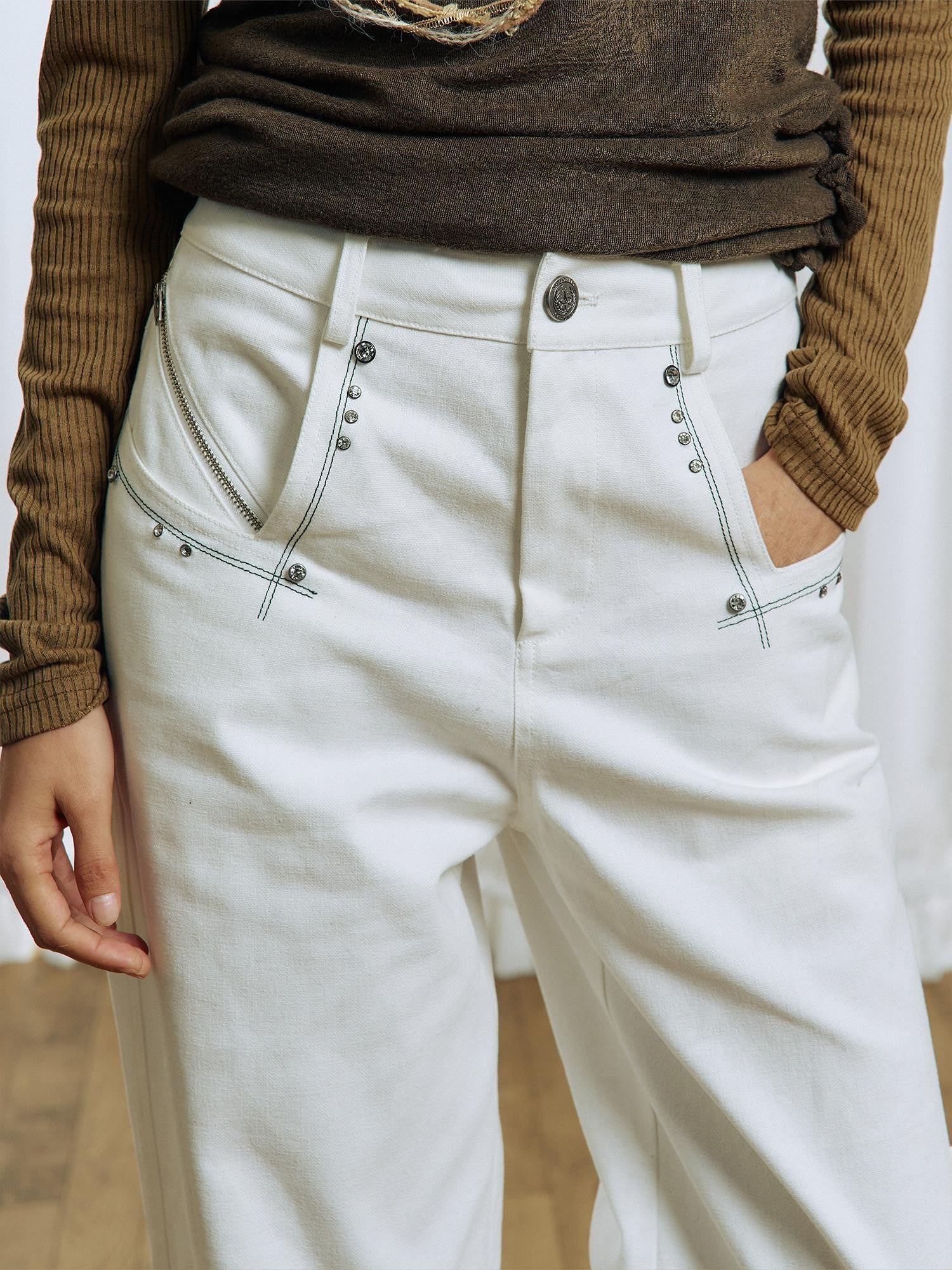 APRIORITY White Rhinestone Stud Embroidered Zipper Pocket Women's Cotton Straight-leg Pants