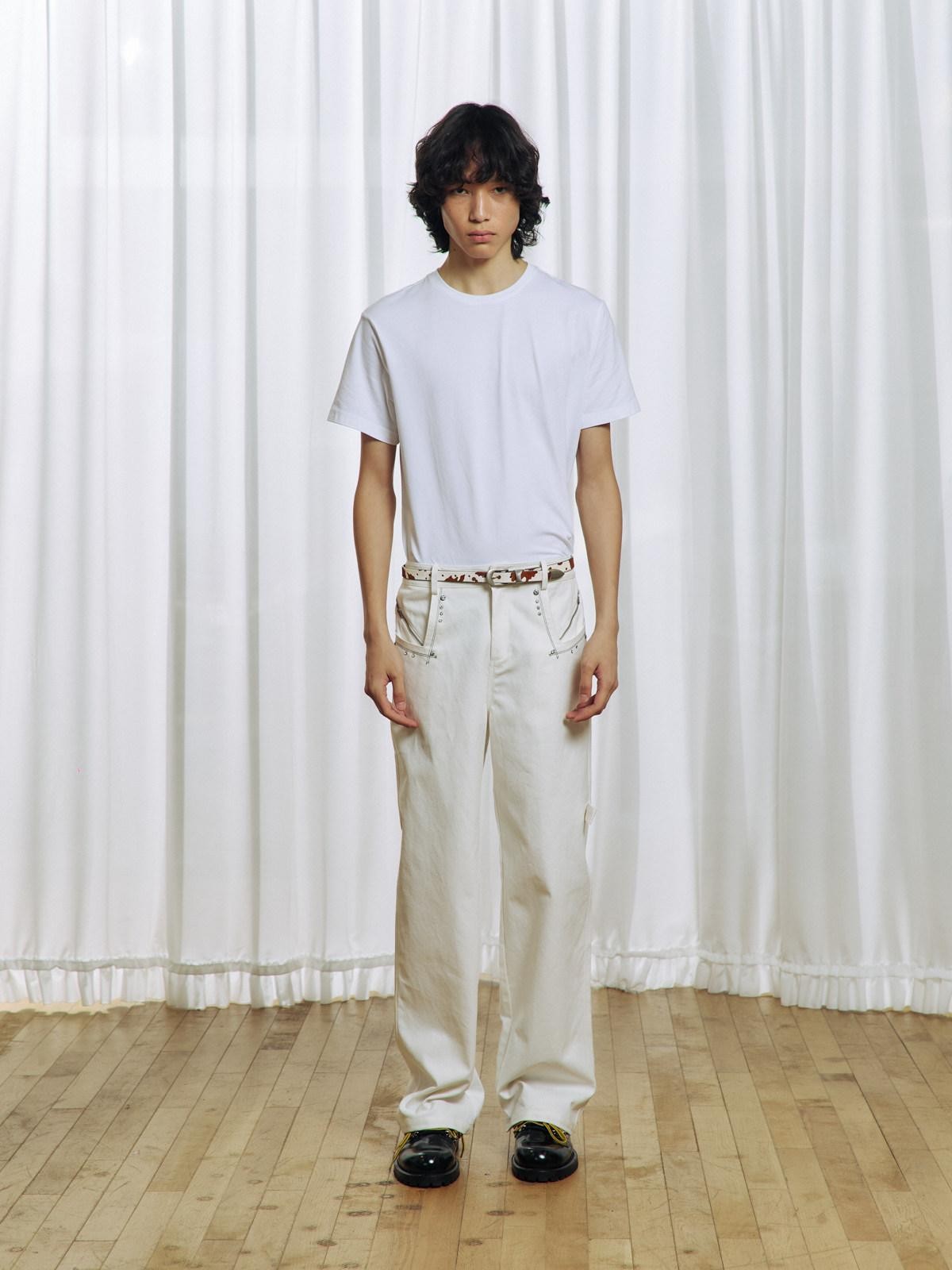APRIORITY White Rhinestone Stud Embroidered Zipper Pocket Women's Cotton Straight-leg Pants