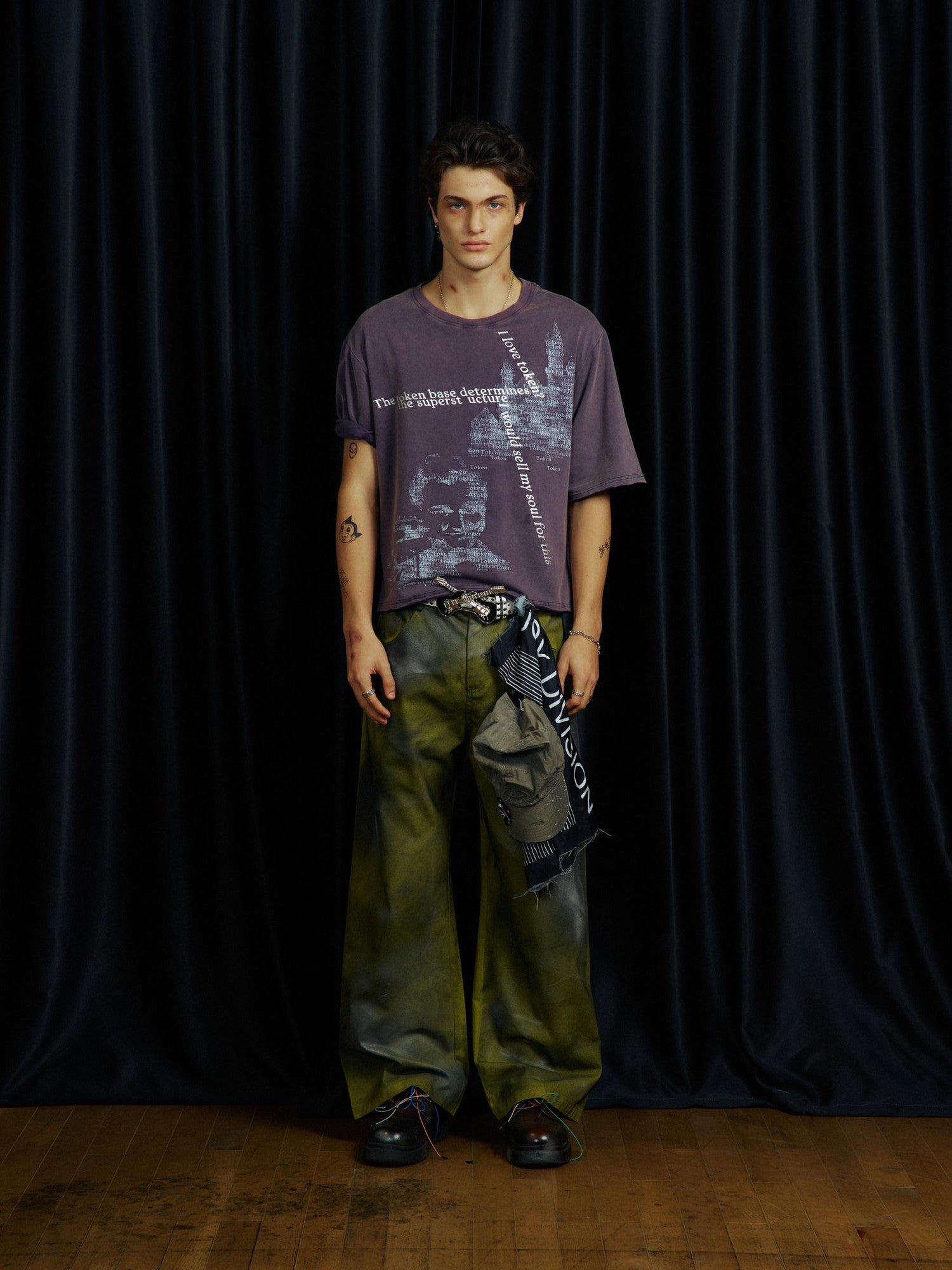 APRIORITY Yellow Green Hand Painted Ink Splash Washed Women's Cotton Straight-leg Pants