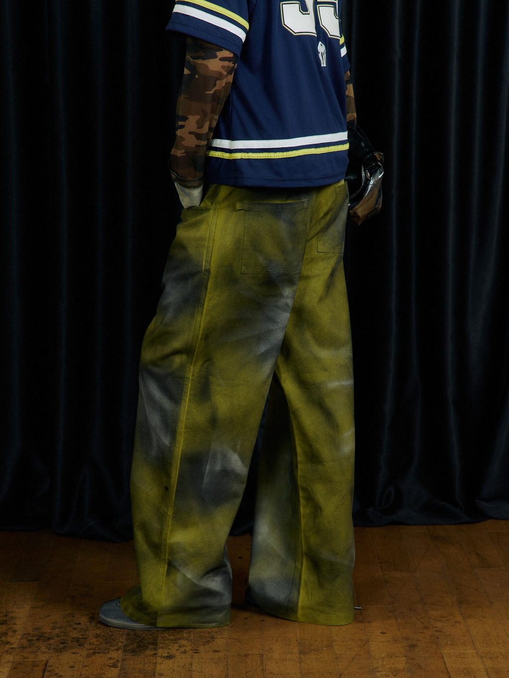 APRIORITY Yellow Green Hand Painted Ink Splash Washed Women's Cotton Straight-leg Pants