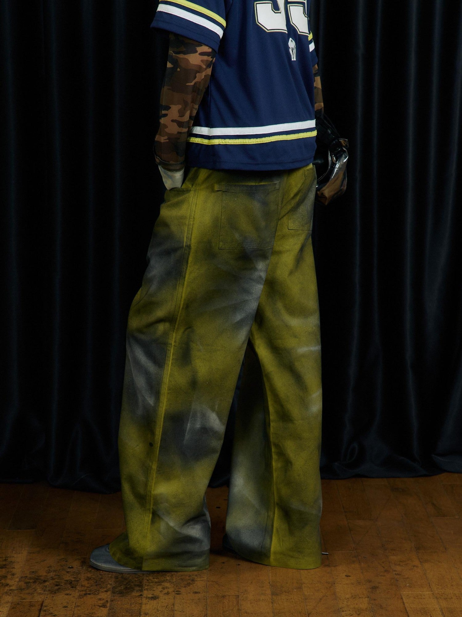 APRIORITY Yellow Green Hand Painted Ink Splash Washed Women's Cotton Straight-leg Pants