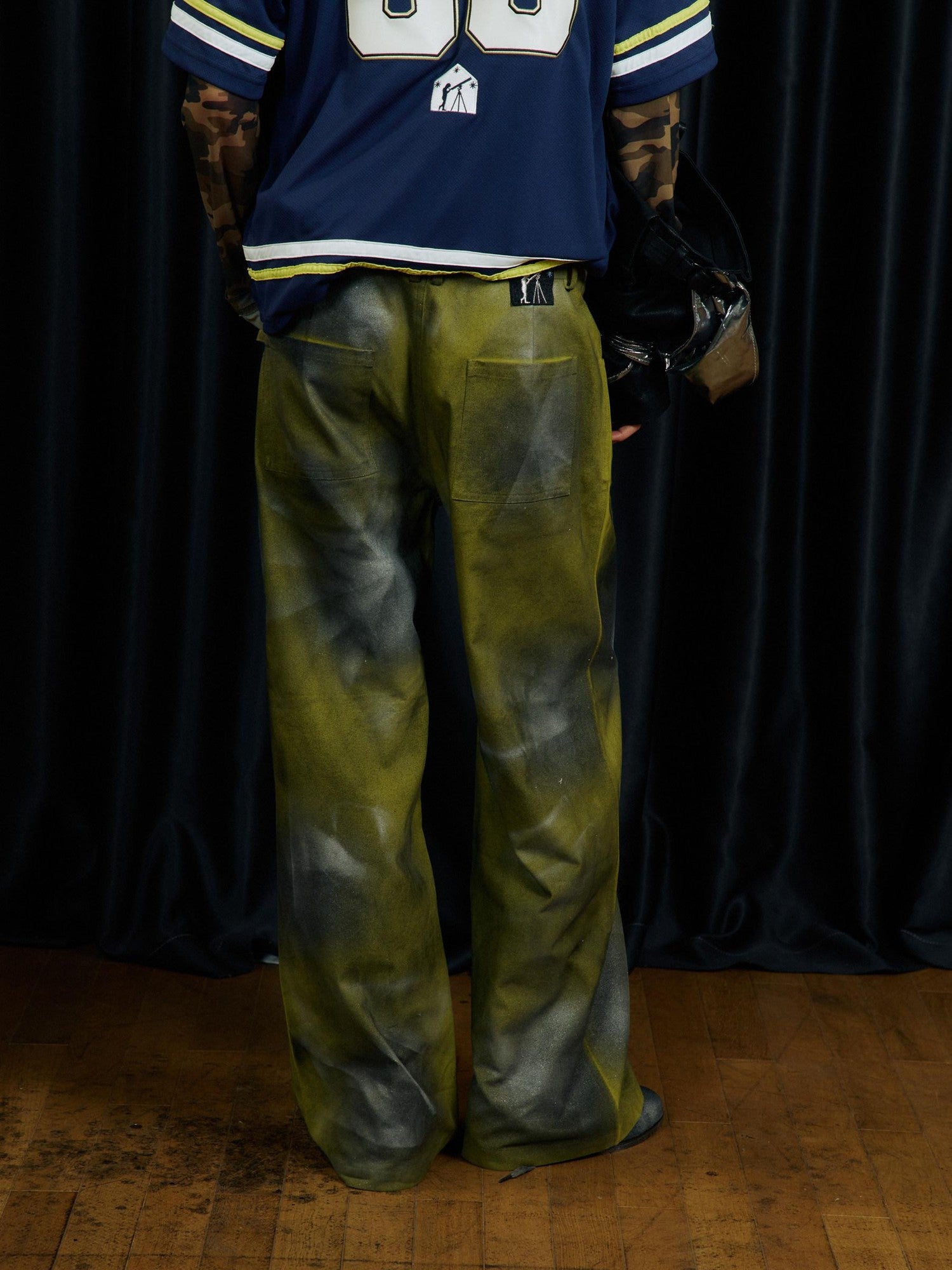 APRIORITY Yellow Green Hand Painted Ink Splash Washed Women's Cotton Straight-leg Pants