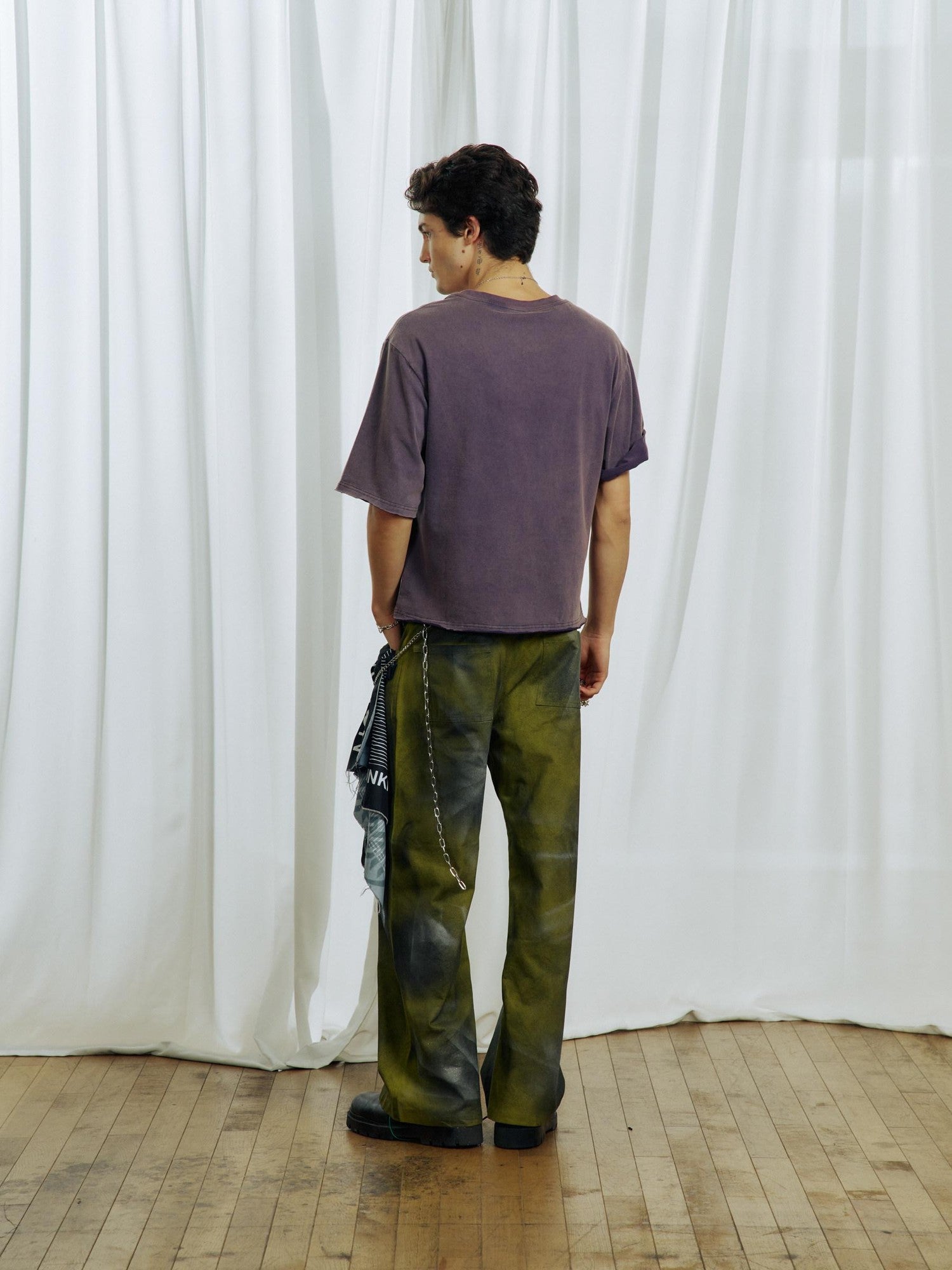 APRIORITY Yellow Green Hand Painted Ink Splash Washed Women's Cotton Straight-leg Pants