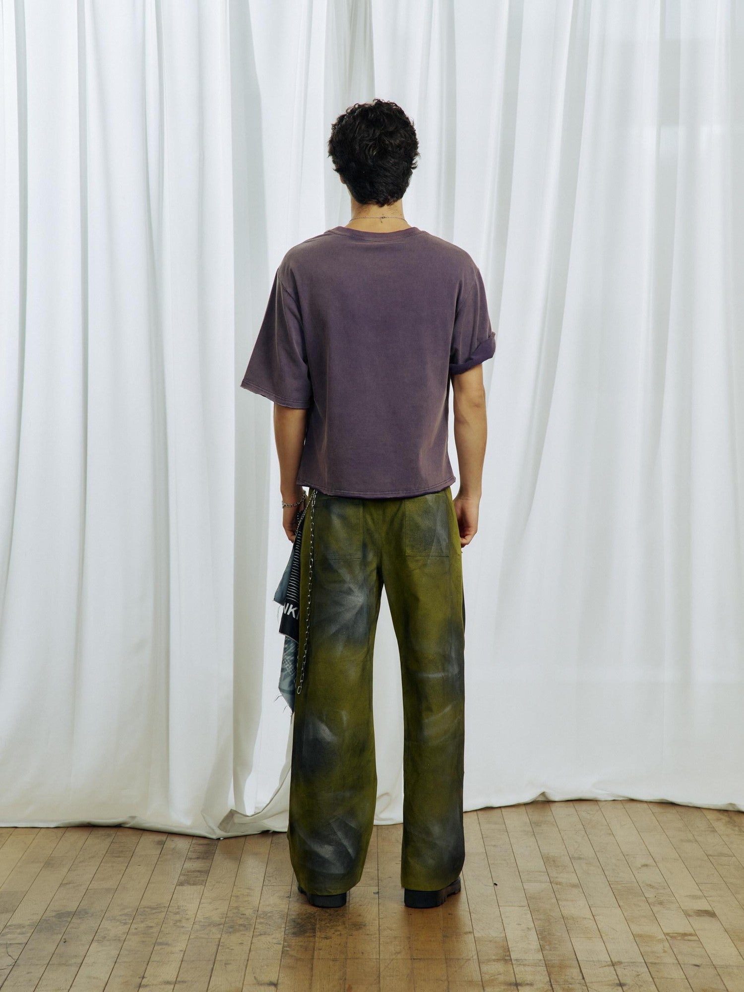APRIORITY Yellow Green Hand Painted Ink Splash Washed Women's Cotton Straight-leg Pants